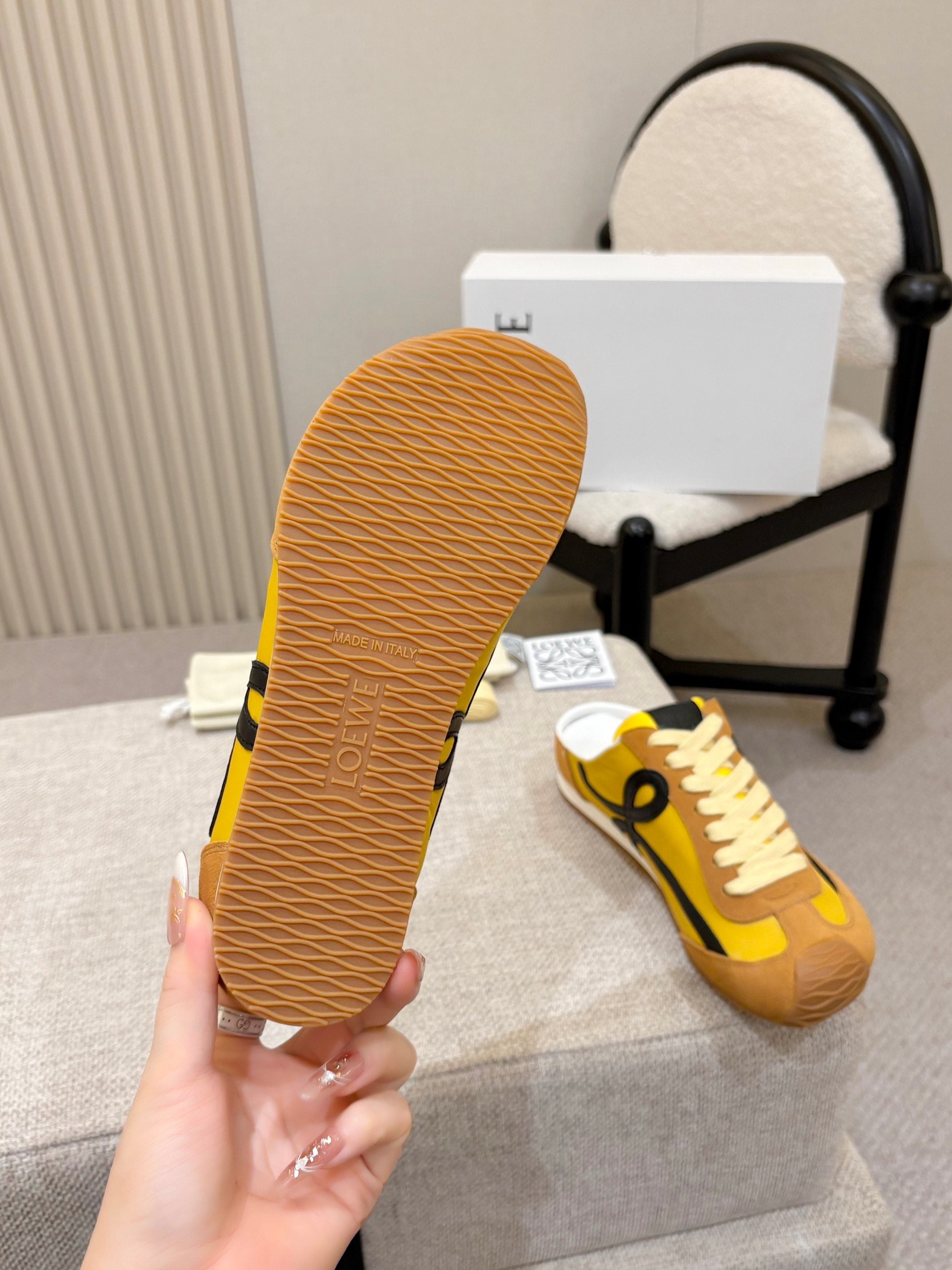 LOEWE 26S MULE SNEAKERS IN YELLOW AND TAN BROWN SUEDE AND NYLON