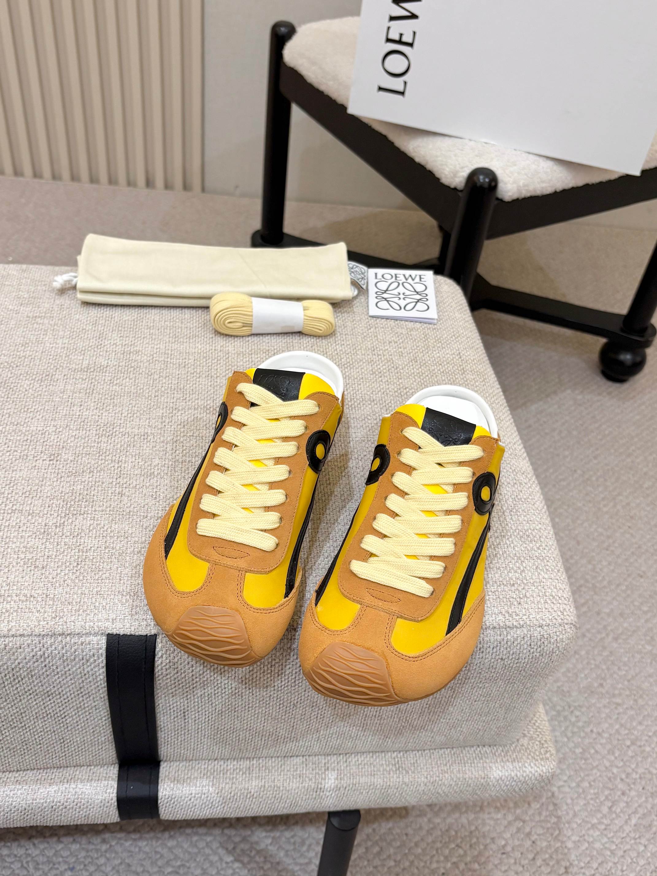 LOEWE 26S MULE SNEAKERS IN YELLOW AND TAN BROWN SUEDE AND NYLON