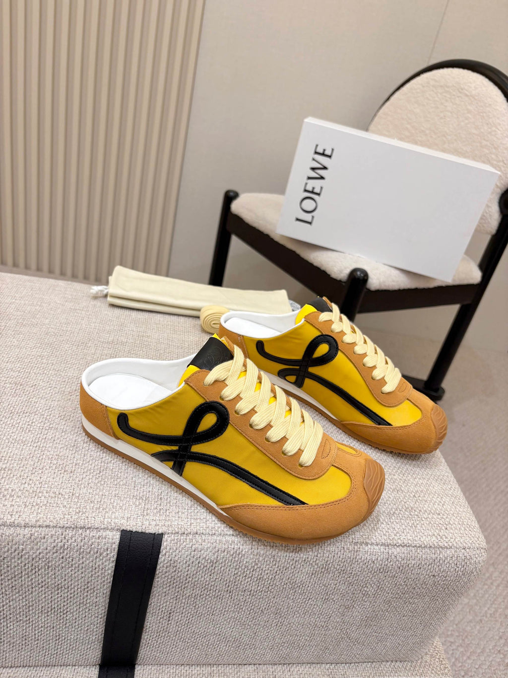 LOEWE 26S MULE SNEAKERS IN YELLOW AND TAN BROWN SUEDE AND NYLON