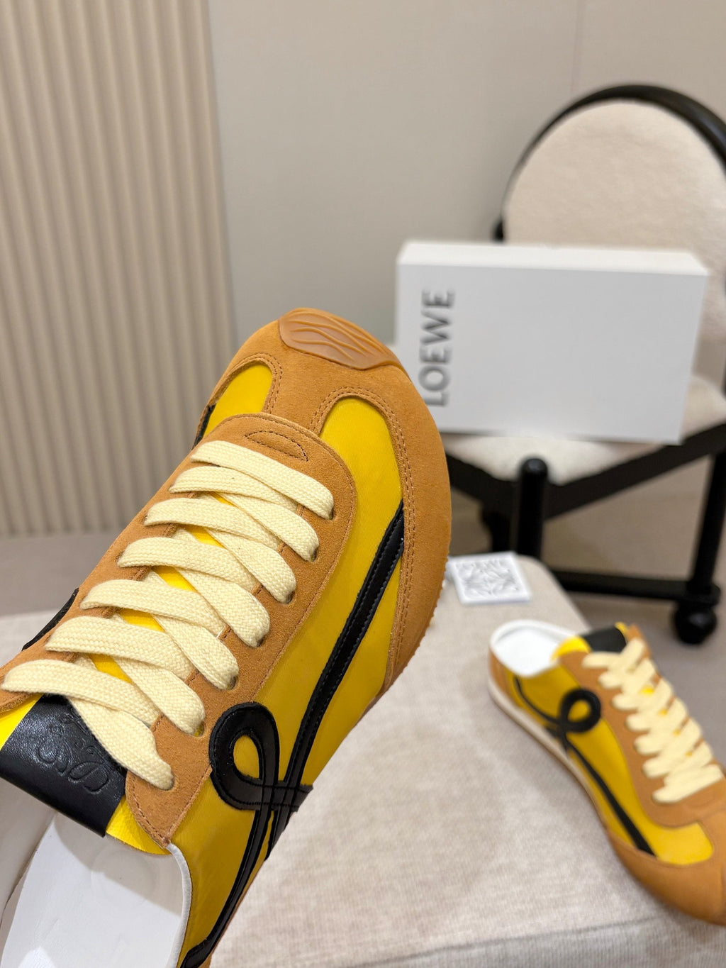 LOEWE 26S MULE SNEAKERS IN YELLOW AND TAN BROWN SUEDE AND NYLON