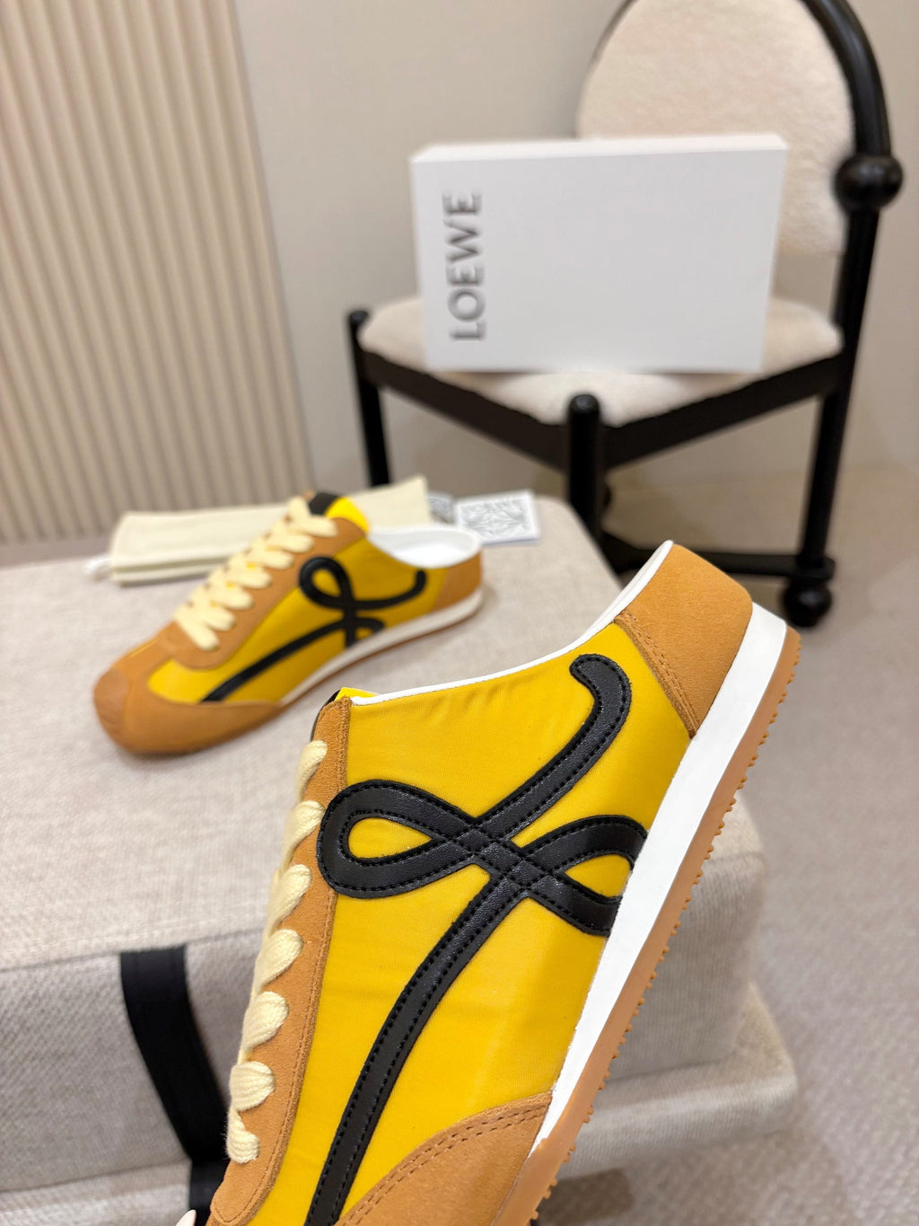 LOEWE 26S MULE SNEAKERS IN YELLOW AND TAN BROWN SUEDE AND NYLON