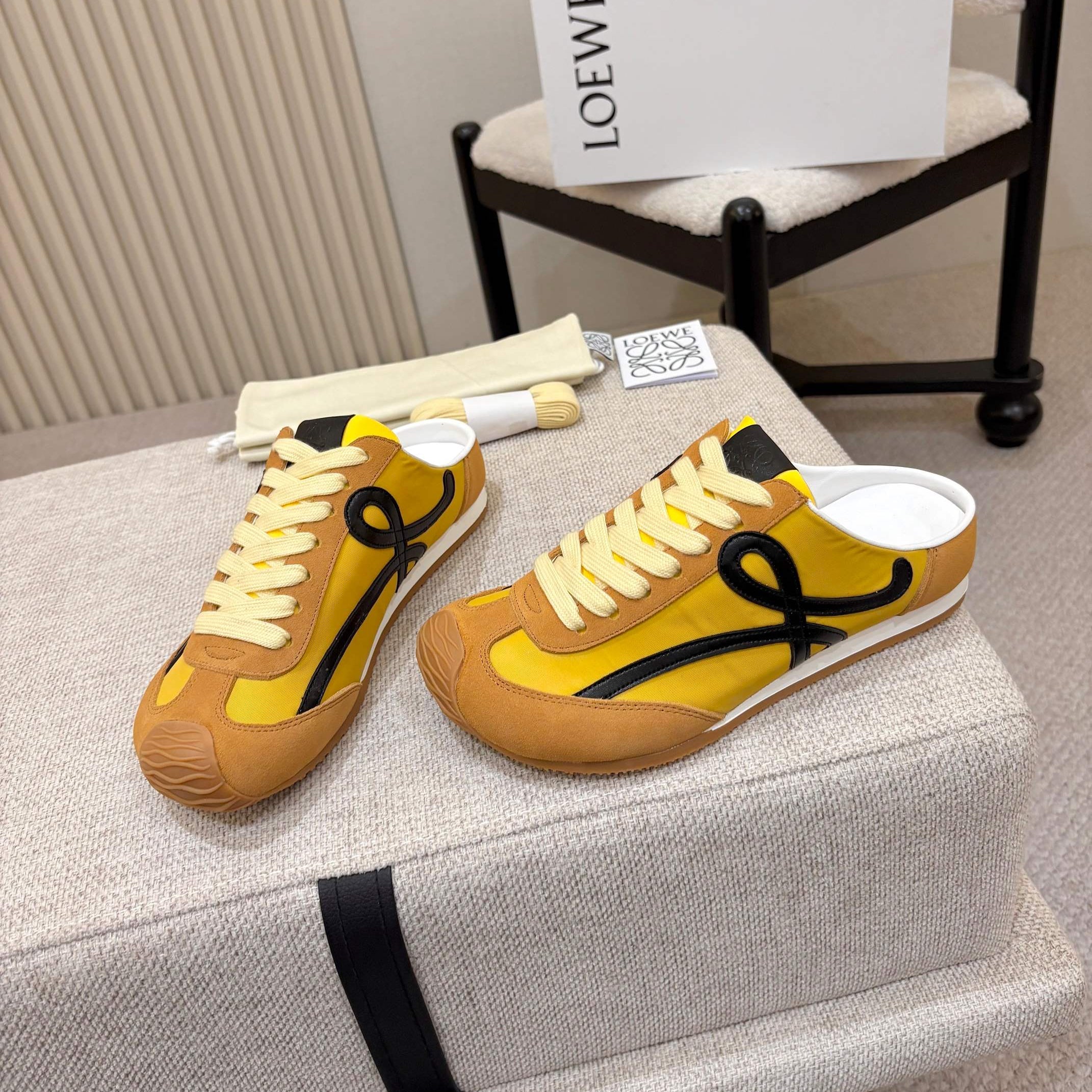 LOEWE 26S MULE SNEAKERS IN YELLOW AND TAN BROWN SUEDE AND NYLON