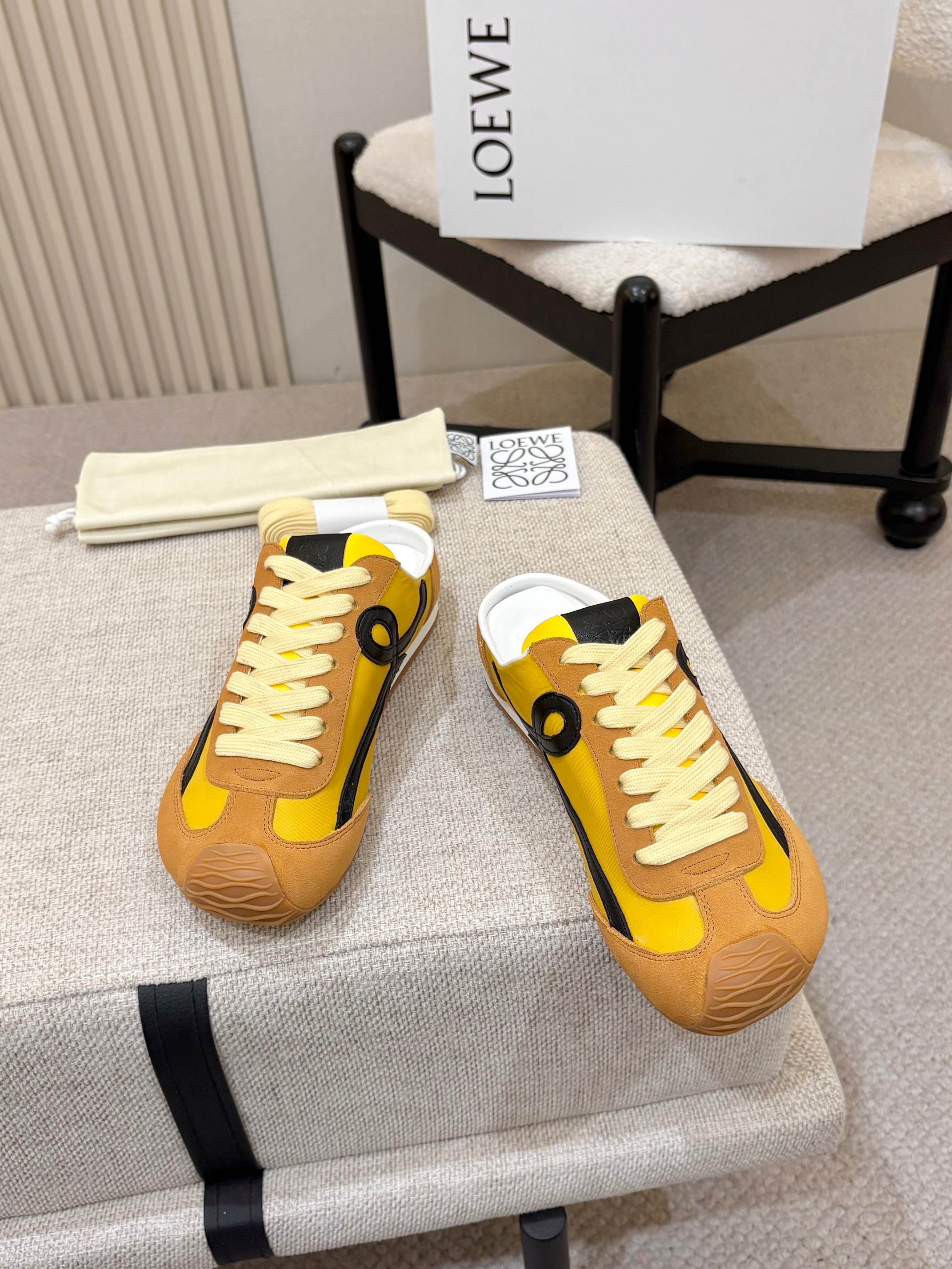 LOEWE 26S MULE SNEAKERS IN YELLOW AND TAN BROWN SUEDE AND NYLON