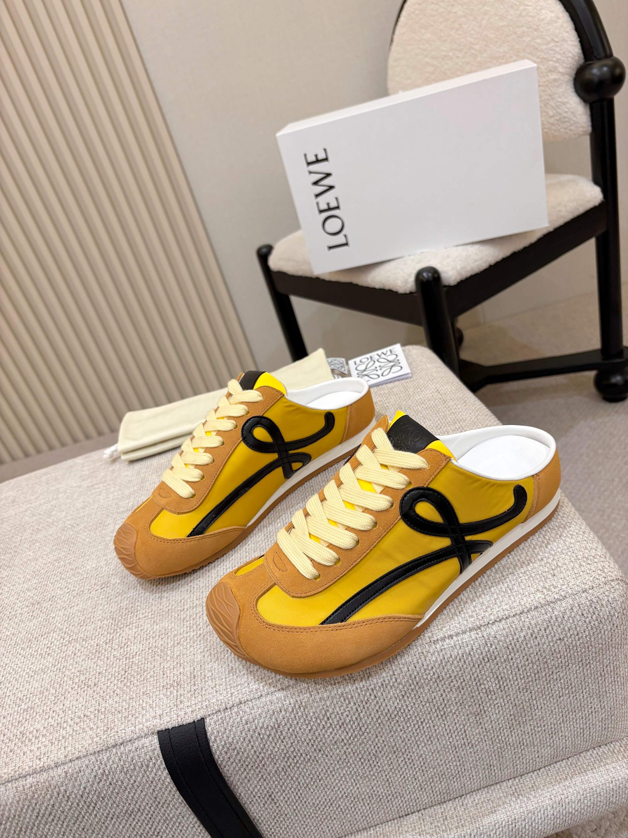 LOEWE 26S MULE SNEAKERS IN YELLOW AND TAN BROWN SUEDE AND NYLON