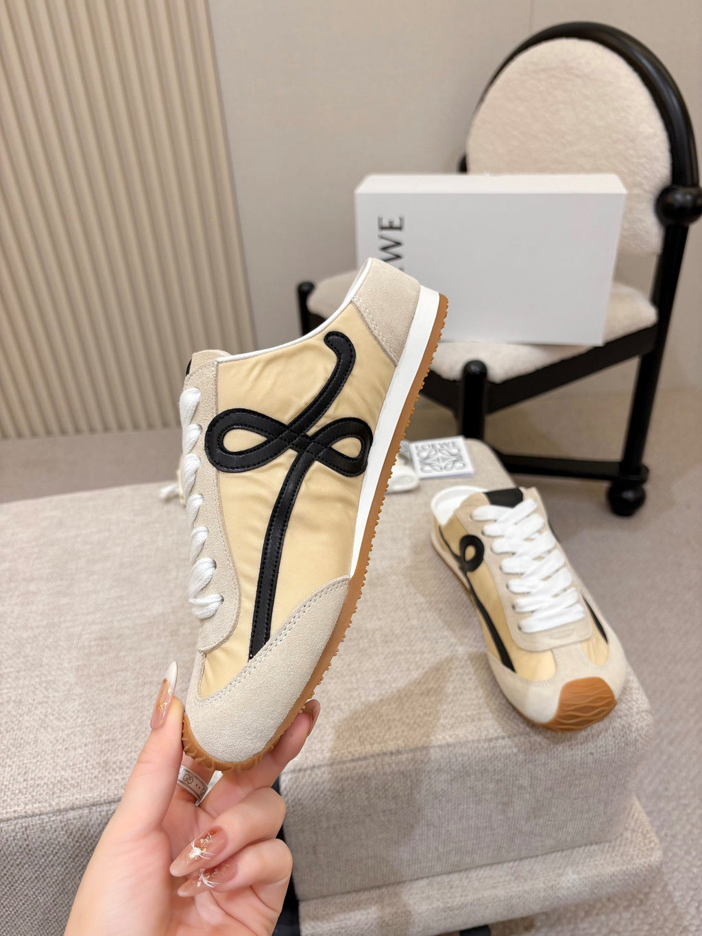 LOEWE 26S MULE SNEAKERS IN BEIGE BLACK SUEDE AND NYLON