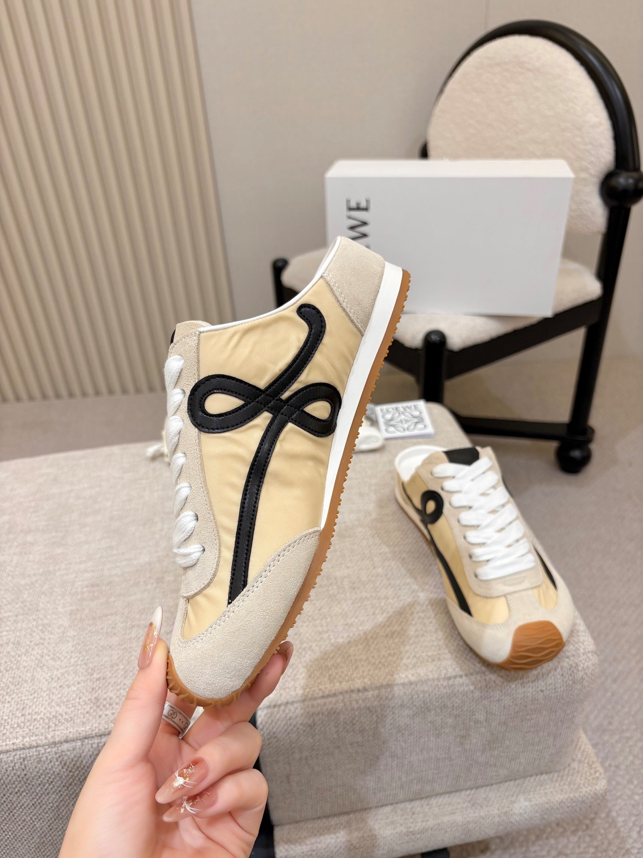 LOEWE 26S MULE SNEAKERS IN BEIGE BLACK SUEDE AND NYLON