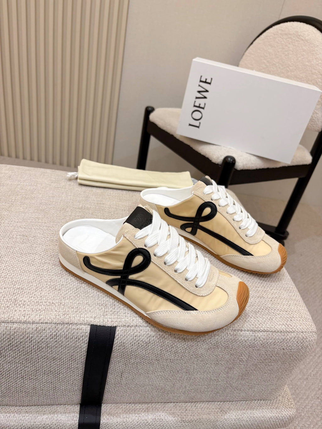 LOEWE 26S MULE SNEAKERS IN BEIGE BLACK SUEDE AND NYLON