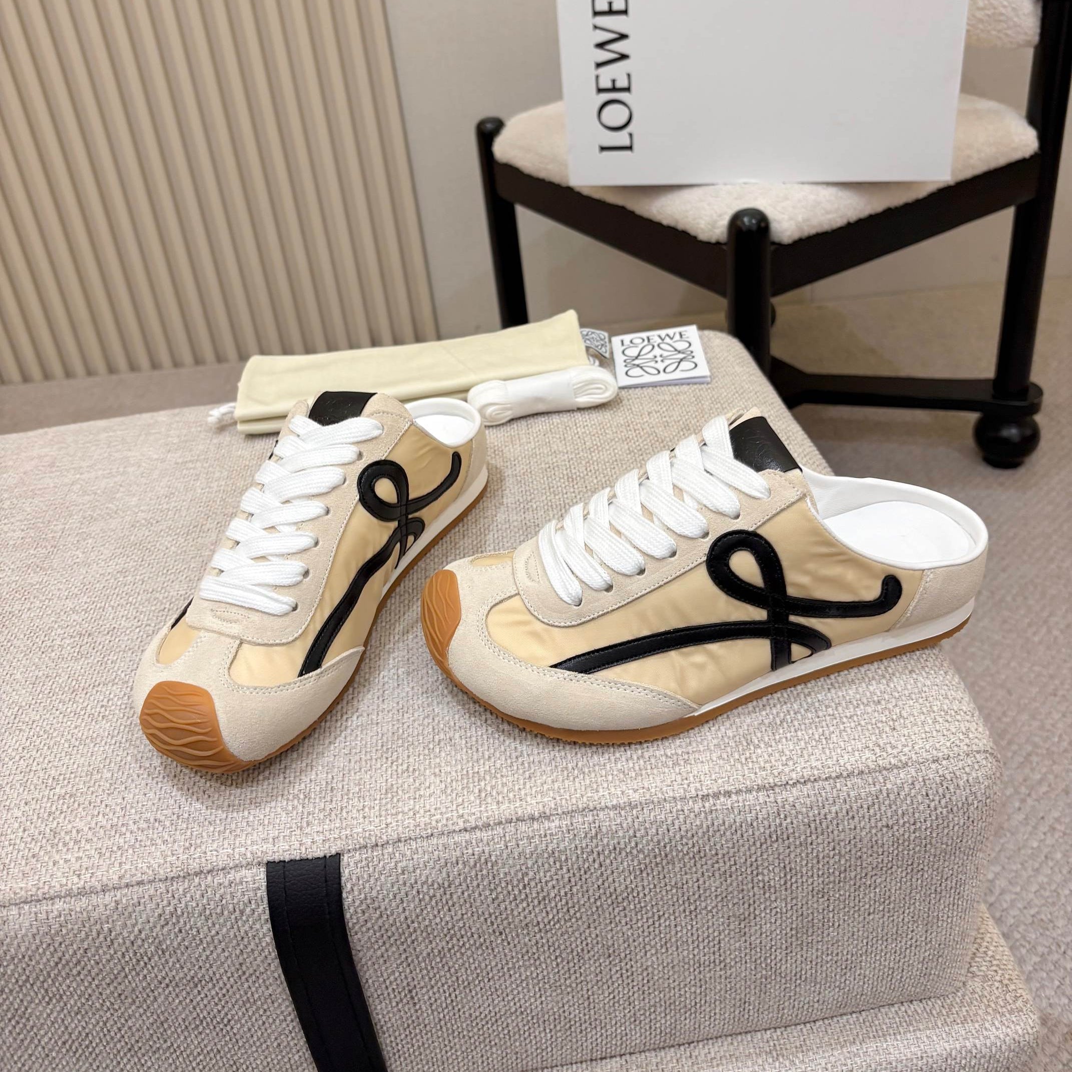 LOEWE 26S MULE SNEAKERS IN BEIGE BLACK SUEDE AND NYLON