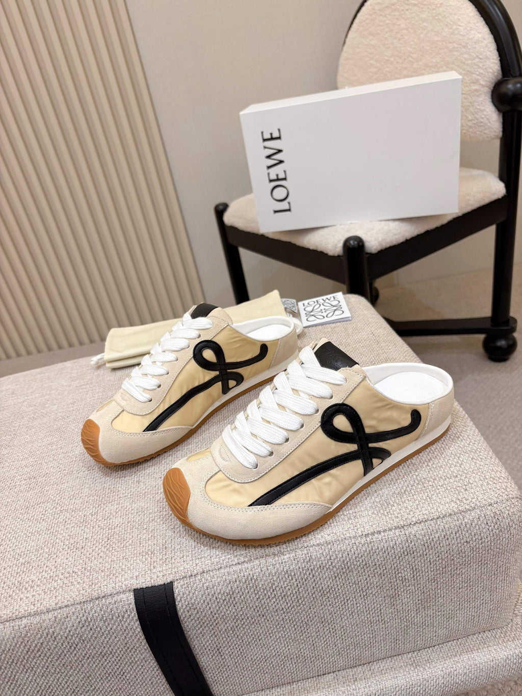 LOEWE 26S MULE SNEAKERS IN BEIGE BLACK SUEDE AND NYLON