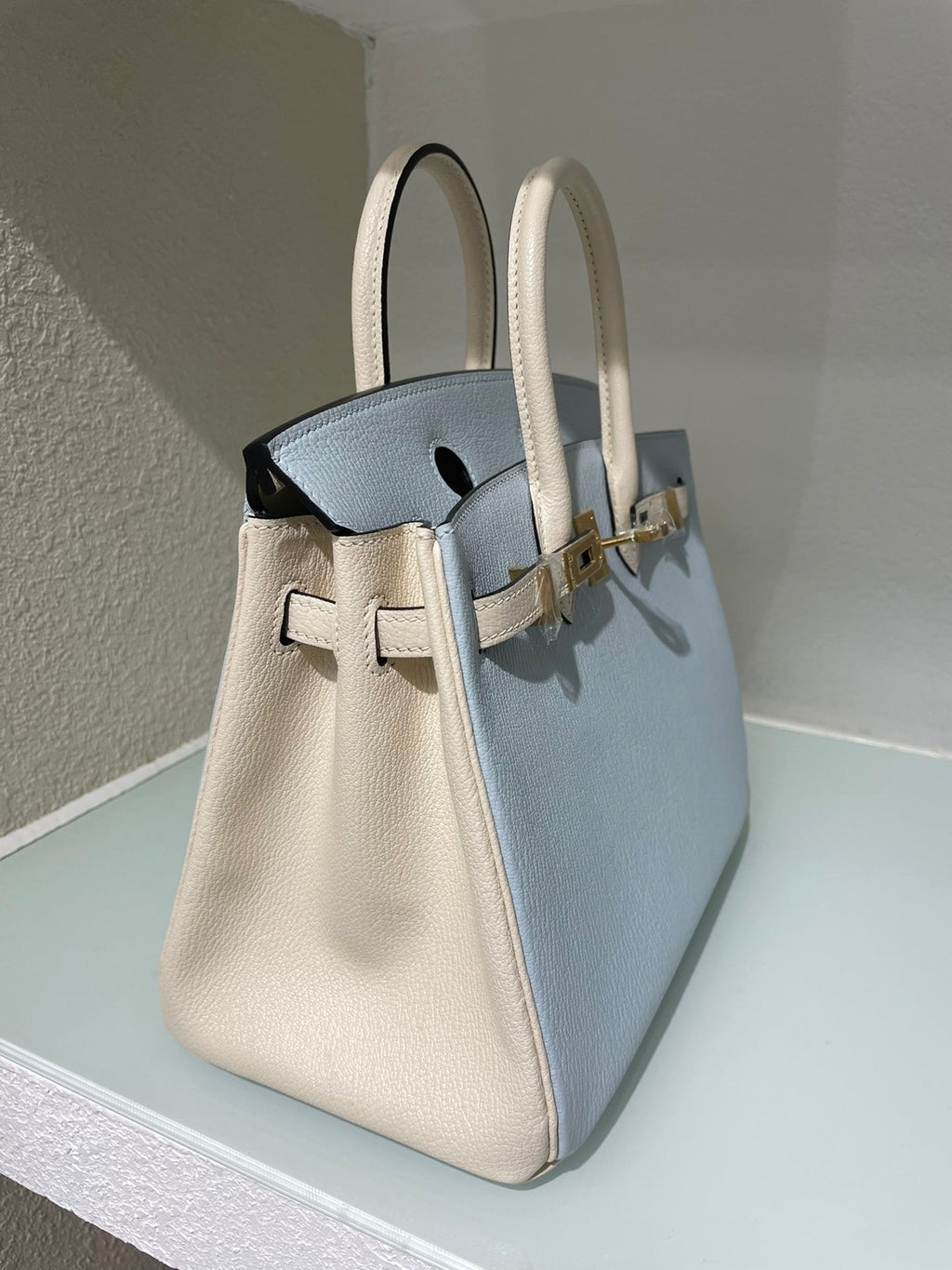 HM 25S BIRKIN 25 CM IN LIGHT BLUE AND CREAM WHITE WITH GOLD HARDWARE