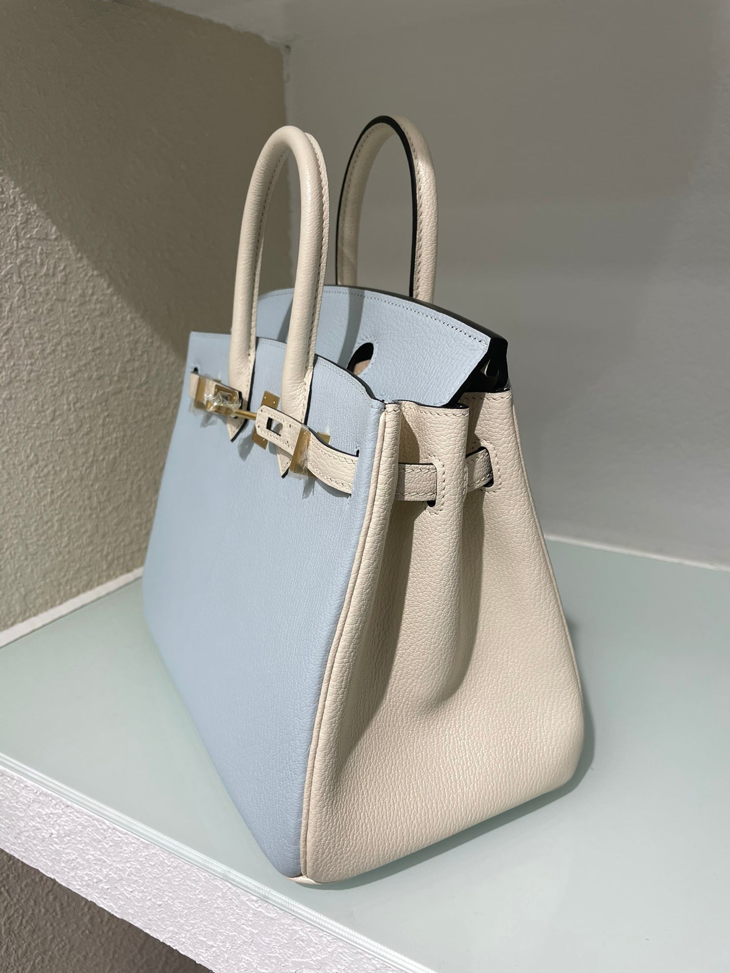 HM 25S BIRKIN 25 CM IN LIGHT BLUE AND CREAM WHITE WITH GOLD HARDWARE
