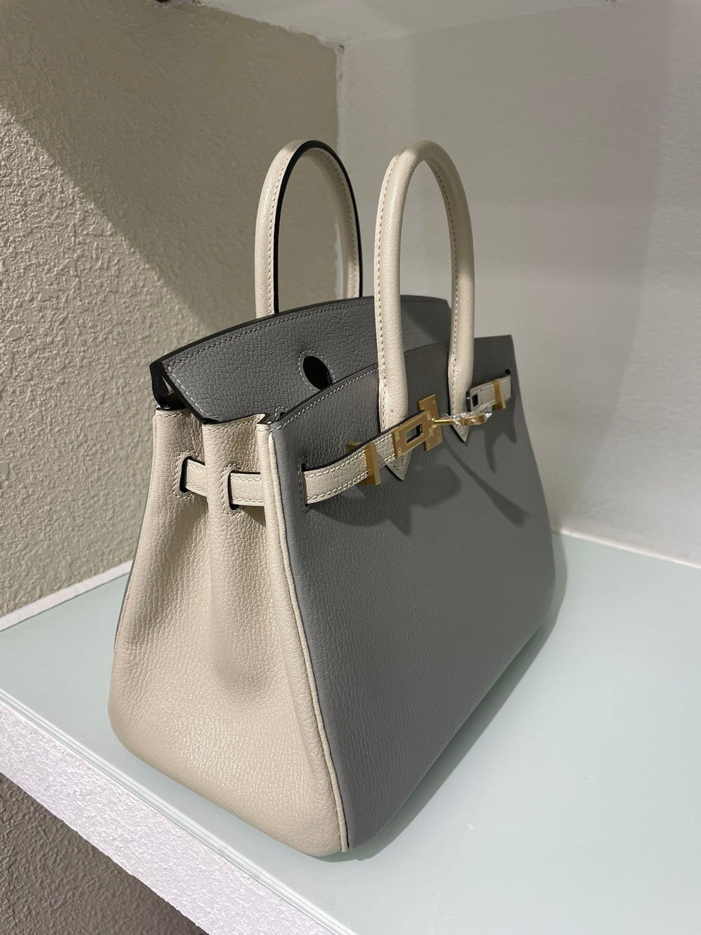 HM 25S BIRKIN 25 CM IN DARK GREY AND CREAM WHITE WITH GOLD HARDWARE