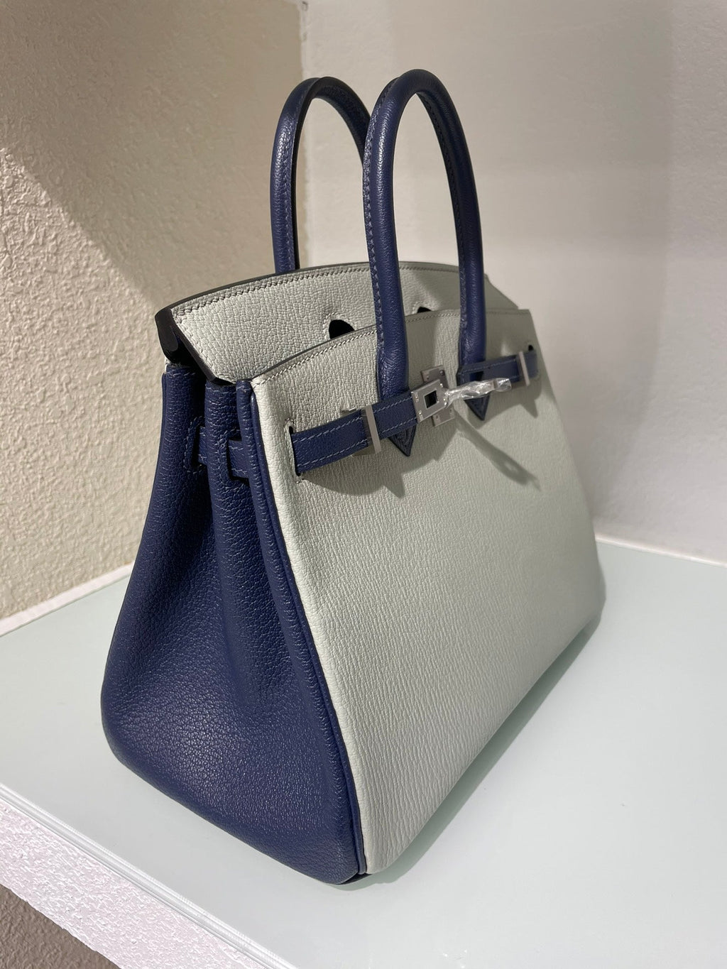 HM 25S BIRKIN 25 CM IN LIGHT GREY AND NAVY BLUE WITH SILVER HARDWARE