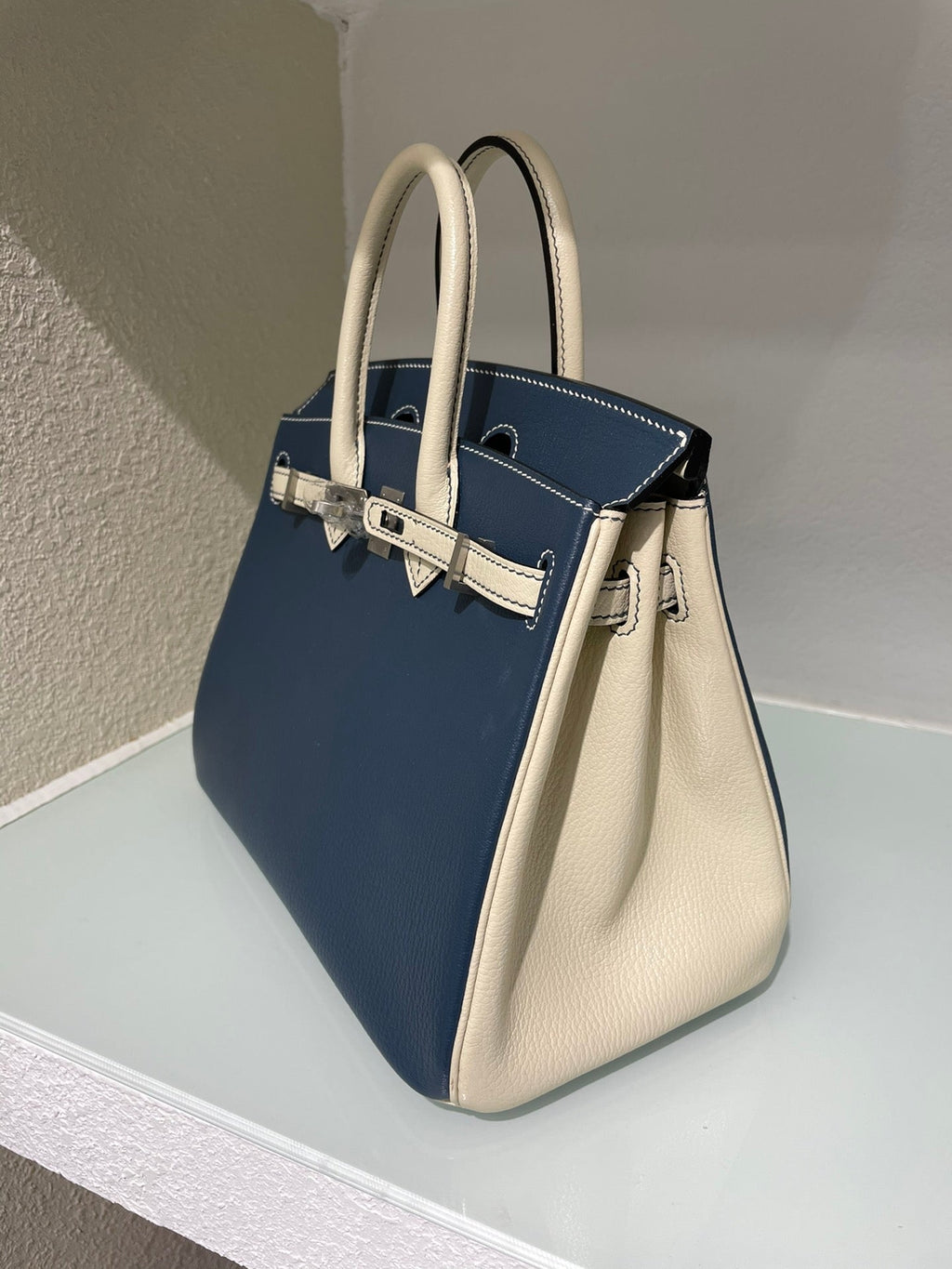 HM 25S BIRKIN 25 CM IN MIDNIGHT BLUE AND CREAM WHITE LAMBSKIN WITH SILVER HARDWARE