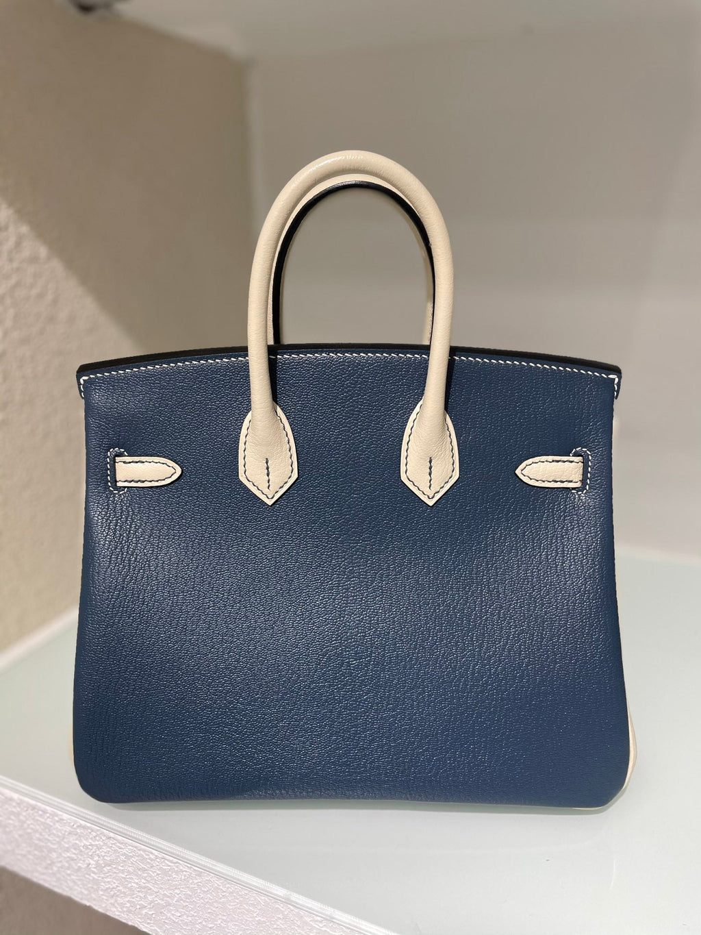 HM 25S BIRKIN 25 CM IN MIDNIGHT BLUE AND CREAM WHITE LAMBSKIN WITH SILVER HARDWARE