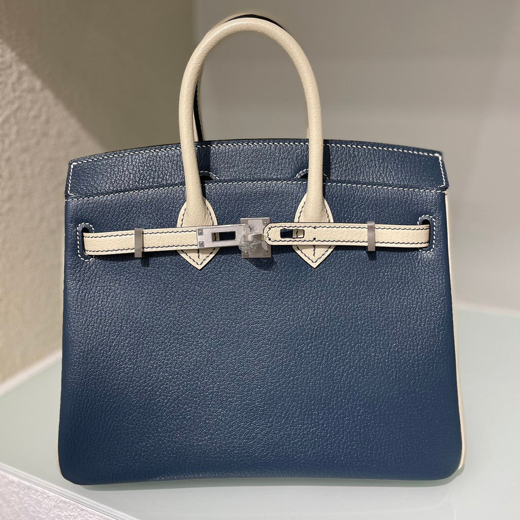 HM 25S BIRKIN 25 CM IN MIDNIGHT BLUE AND CREAM WHITE LAMBSKIN WITH SILVER HARDWARE