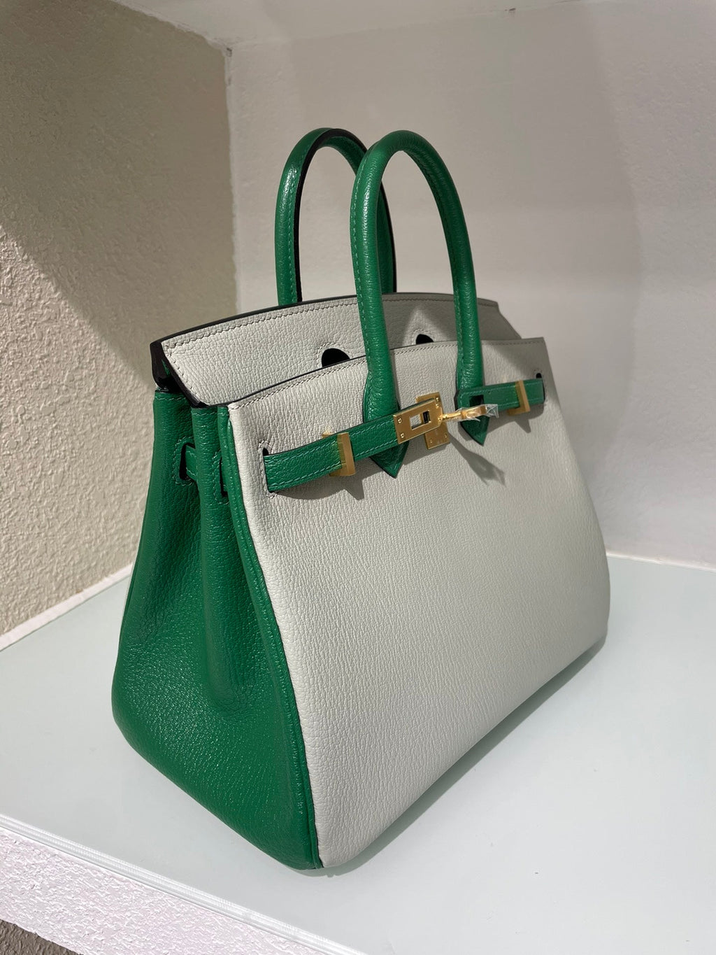 HM 25S BIRKIN 25 CM IN LIGHT GREY AND GREEN LAMBSKIN WITH GOLD HARDWARE