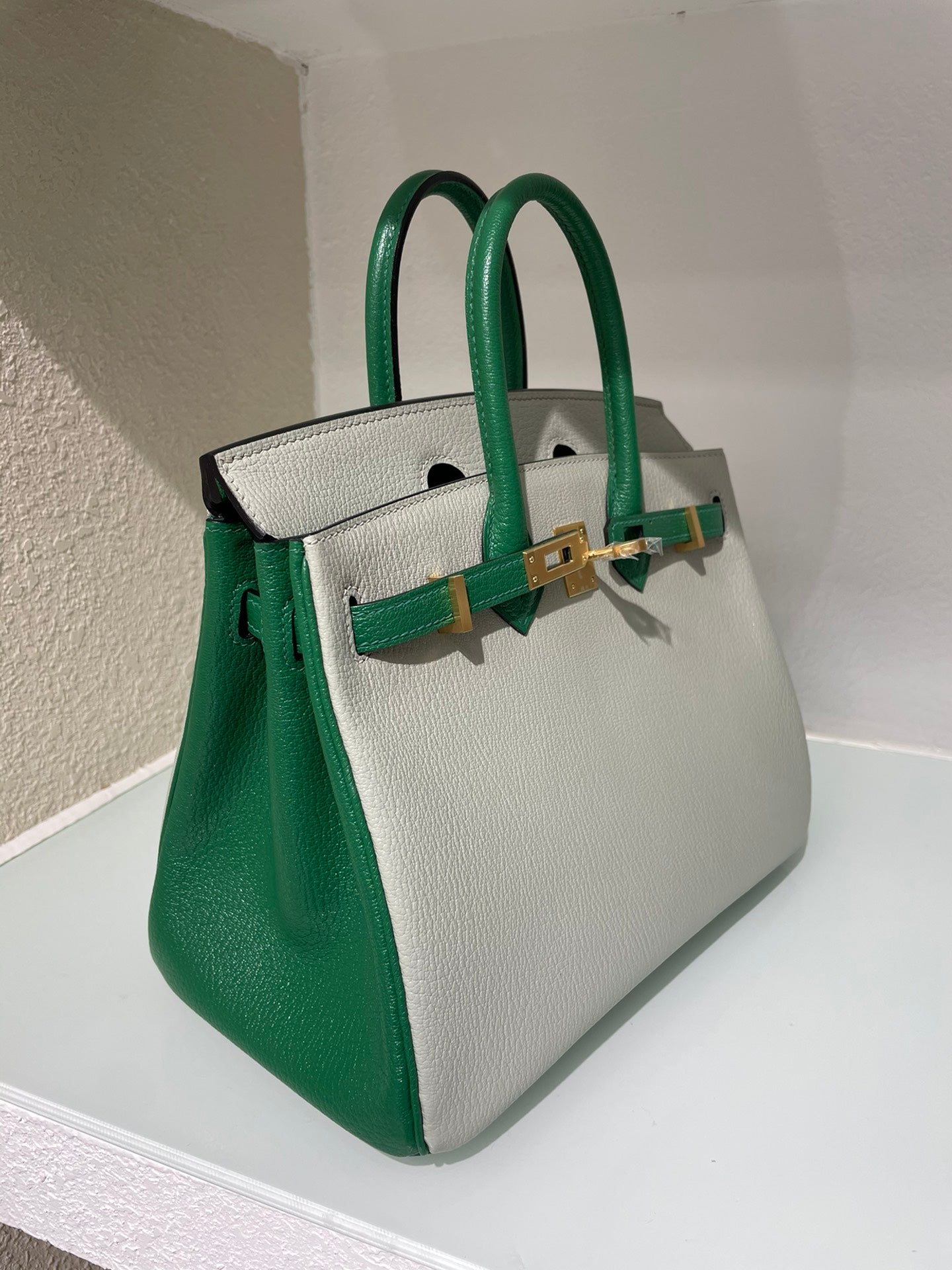 HM 25S BIRKIN 25 CM IN LIGHT GREY AND GREEN LAMBSKIN WITH GOLD HARDWARE