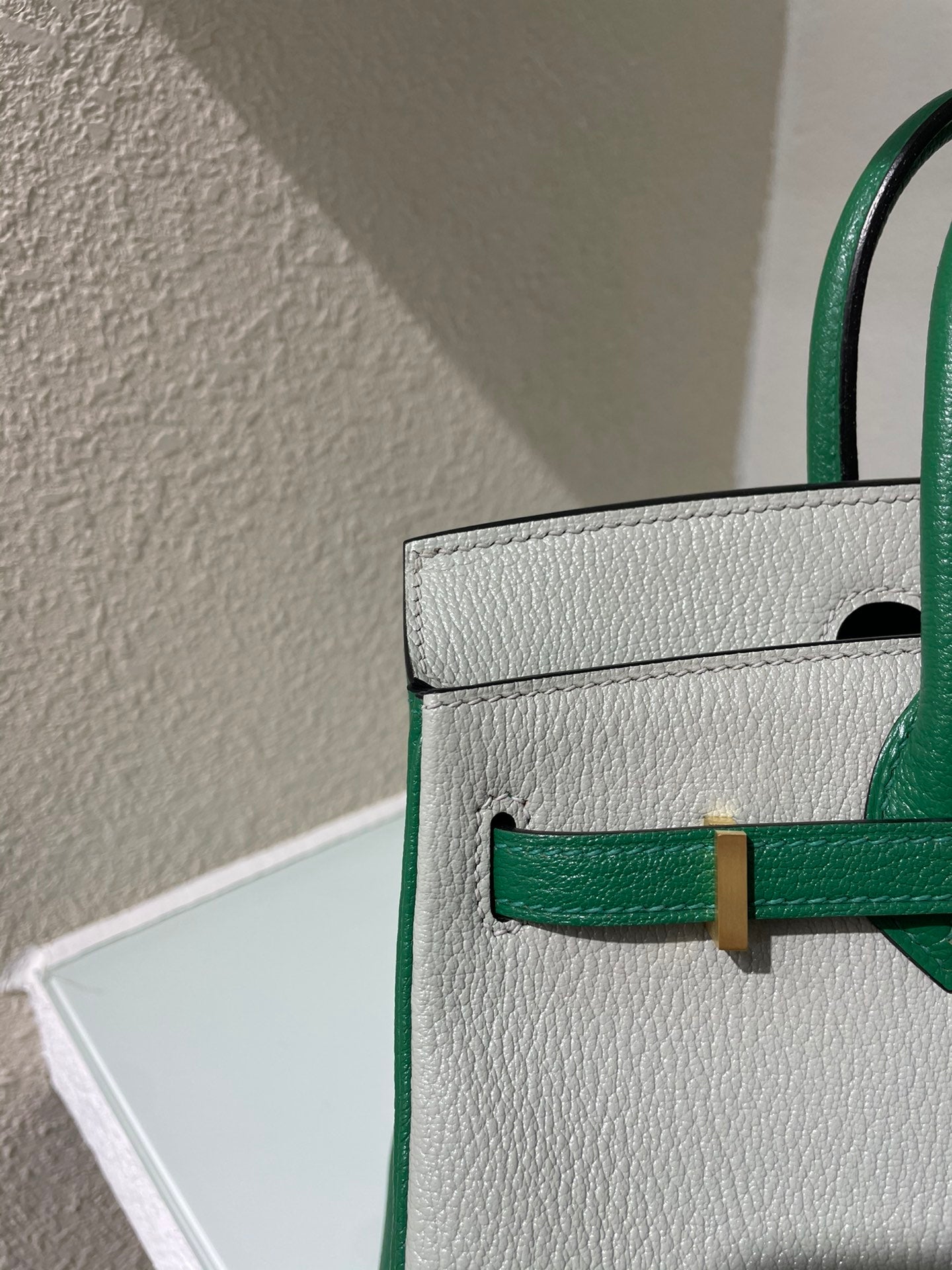 HM 25S BIRKIN 25 CM IN LIGHT GREY AND GREEN LAMBSKIN WITH GOLD HARDWARE