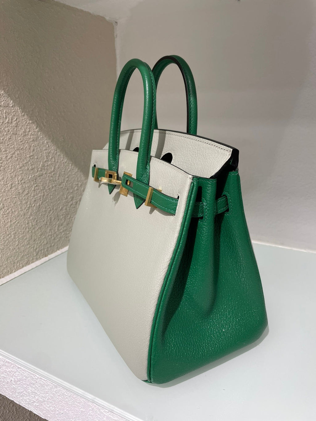 HM 25S BIRKIN 25 CM IN LIGHT GREY AND GREEN LAMBSKIN WITH GOLD HARDWARE