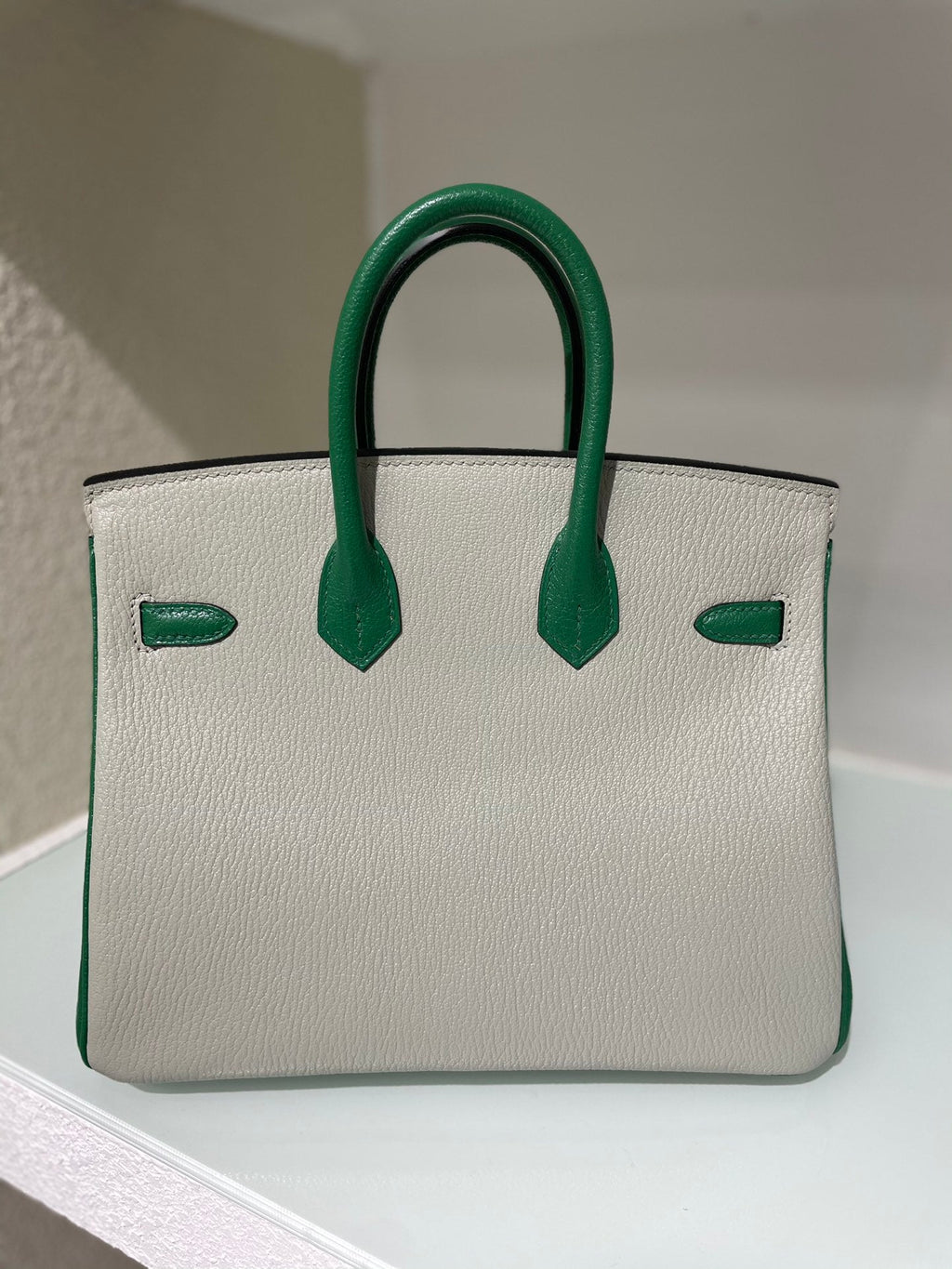 HM 25S BIRKIN 25 CM IN LIGHT GREY AND GREEN LAMBSKIN WITH GOLD HARDWARE