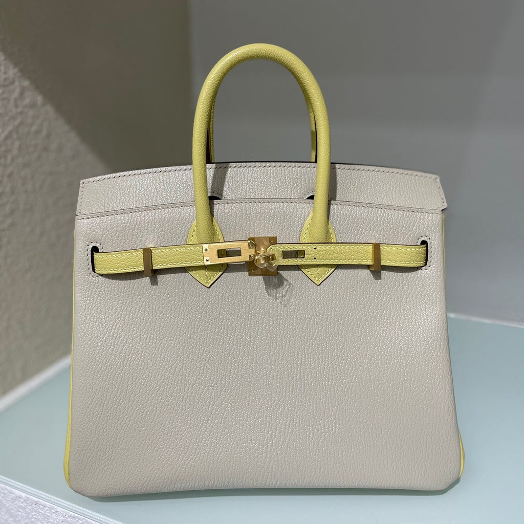 HM 25S BIRKIN 25 CM IN BEIGE GRAY AND YELLOW LAMBSKIN WITH GOLD HARDWARE