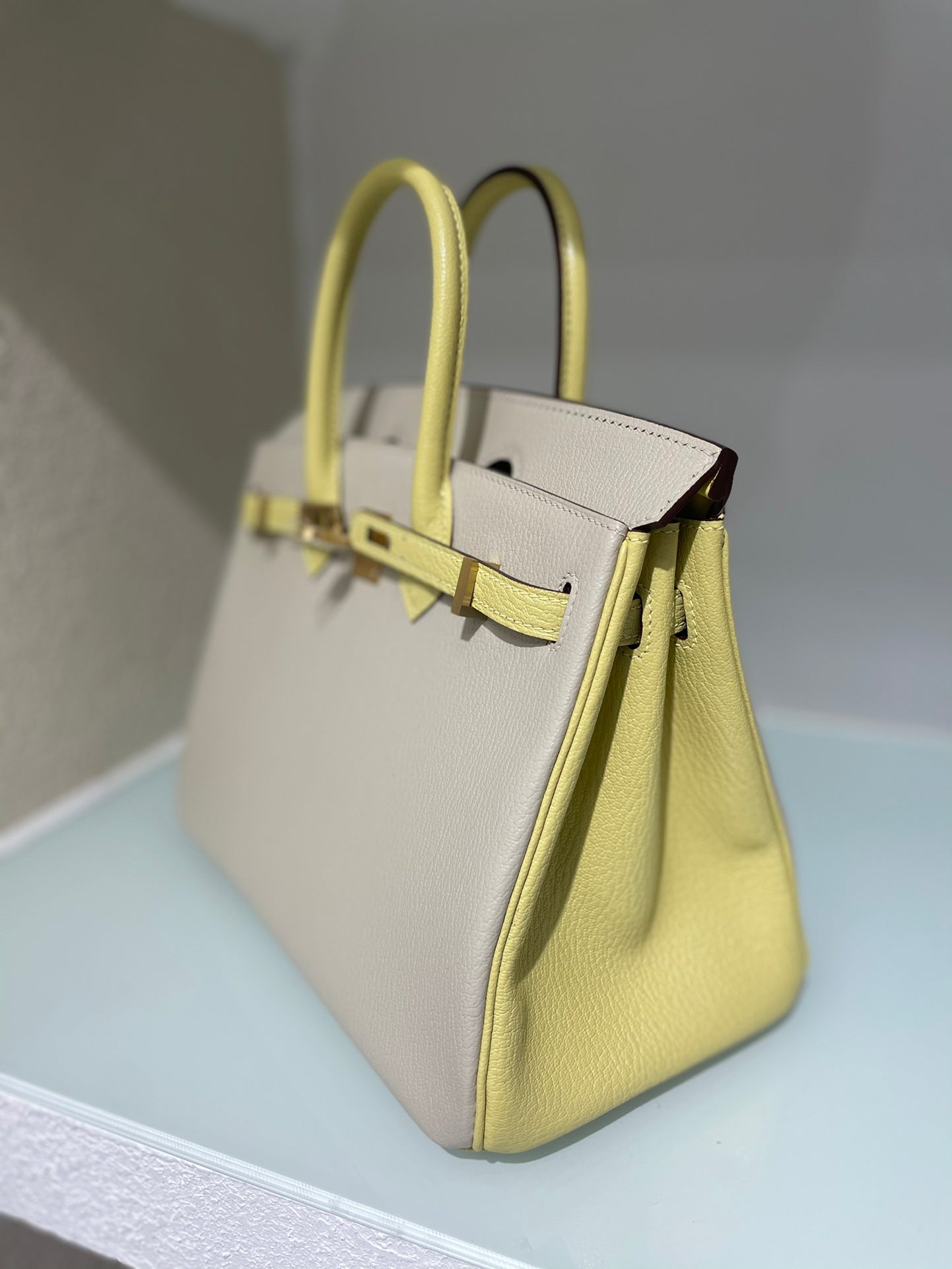 HM 25S BIRKIN 25 CM IN BEIGE GRAY AND YELLOW LAMBSKIN WITH GOLD HARDWARE