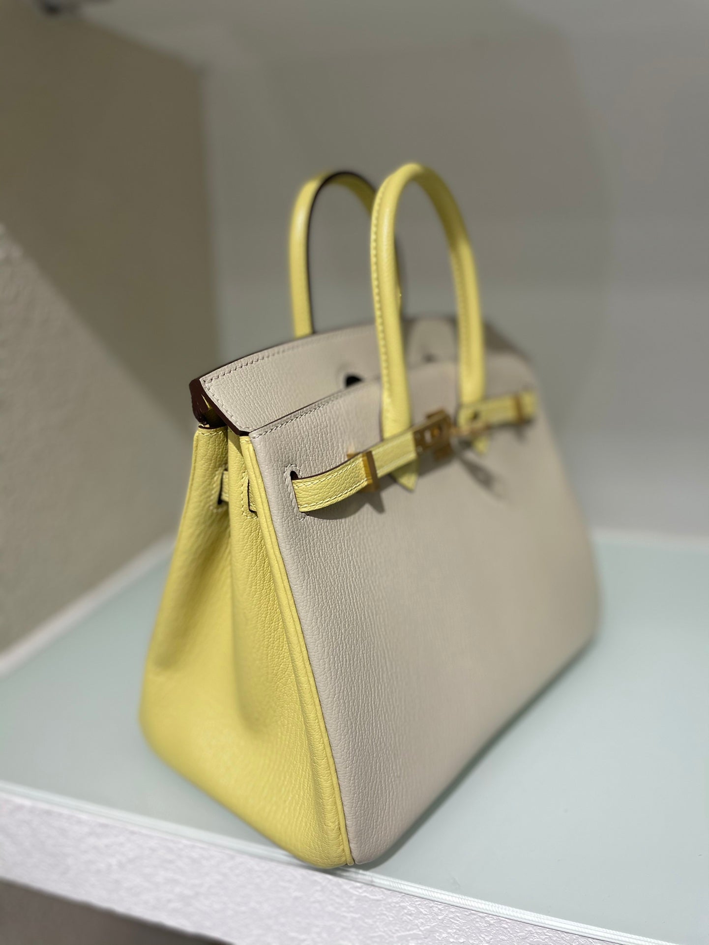 HM 25S BIRKIN 25 CM IN BEIGE GRAY AND YELLOW LAMBSKIN WITH GOLD HARDWARE