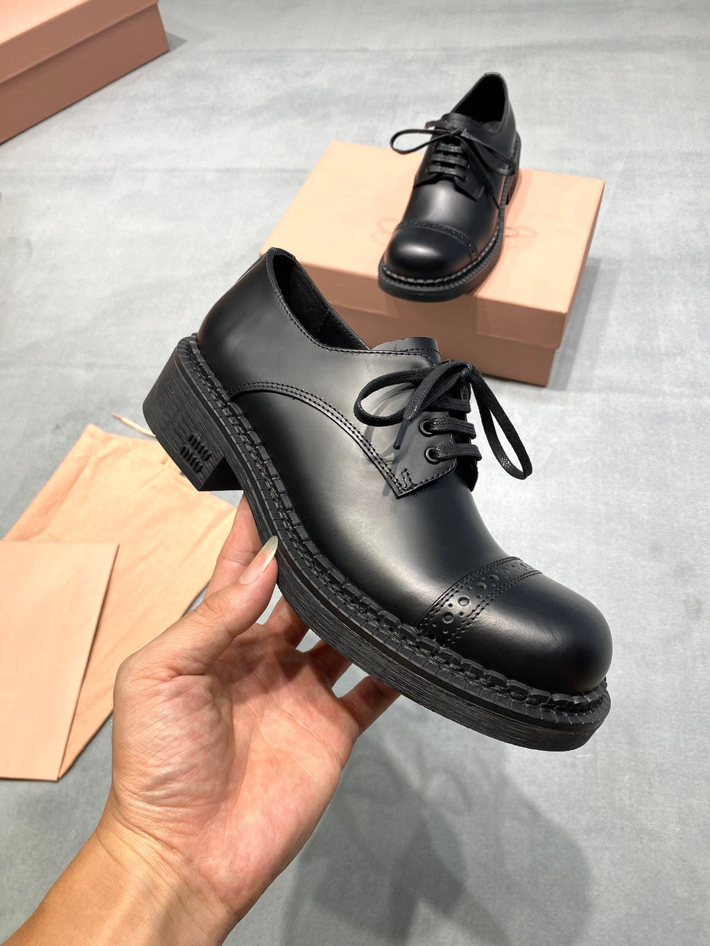 MIUMIU 26S LACE-UP LOAFERS IN BLACK SHINY CALFSKIN