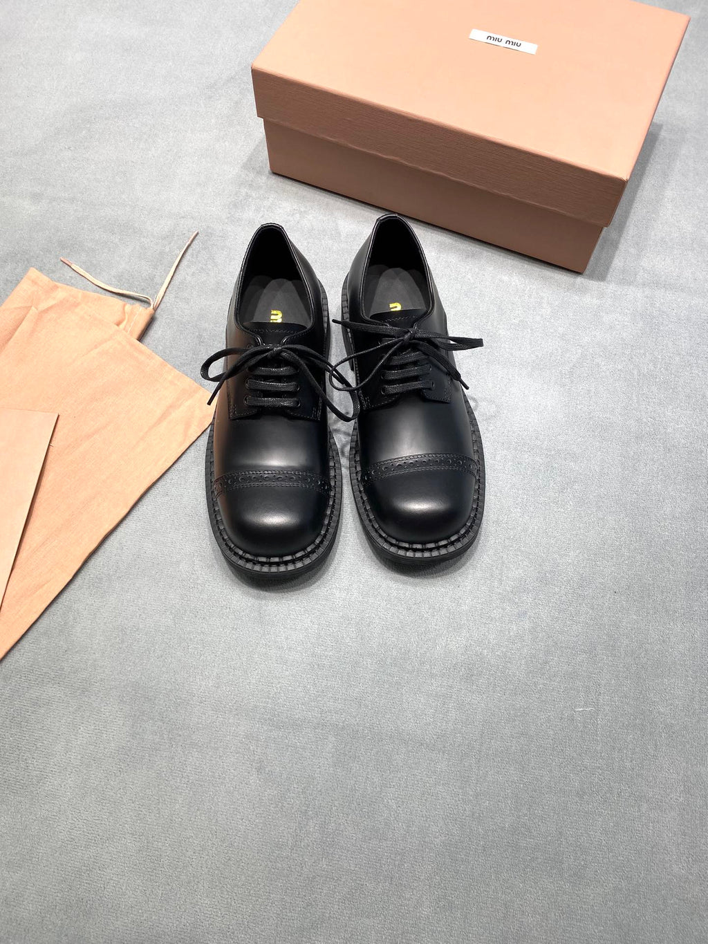 MIUMIU 26S LACE-UP LOAFERS IN BLACK SHINY CALFSKIN