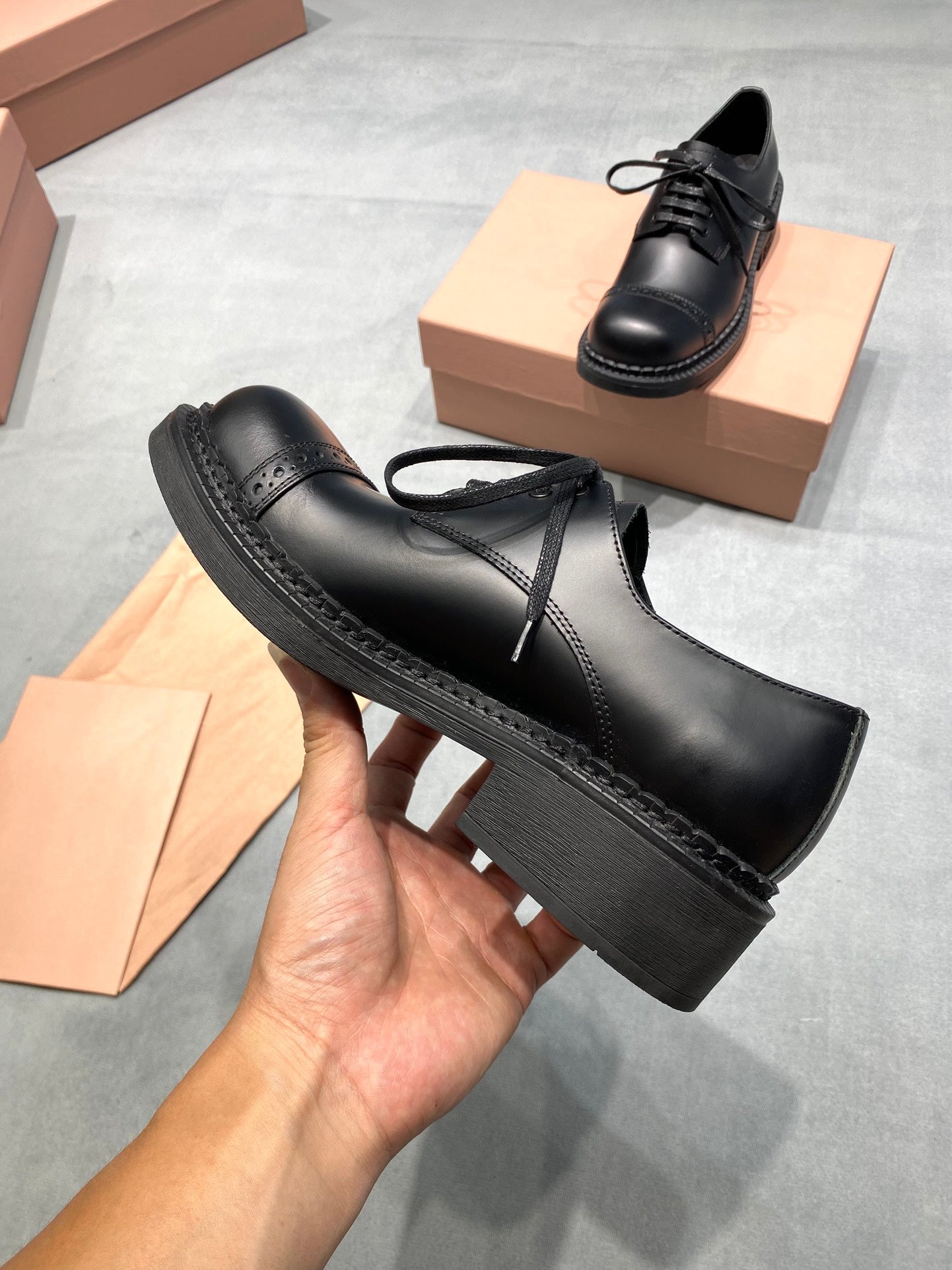 MIUMIU 26S LACE-UP LOAFERS IN BLACK SHINY CALFSKIN
