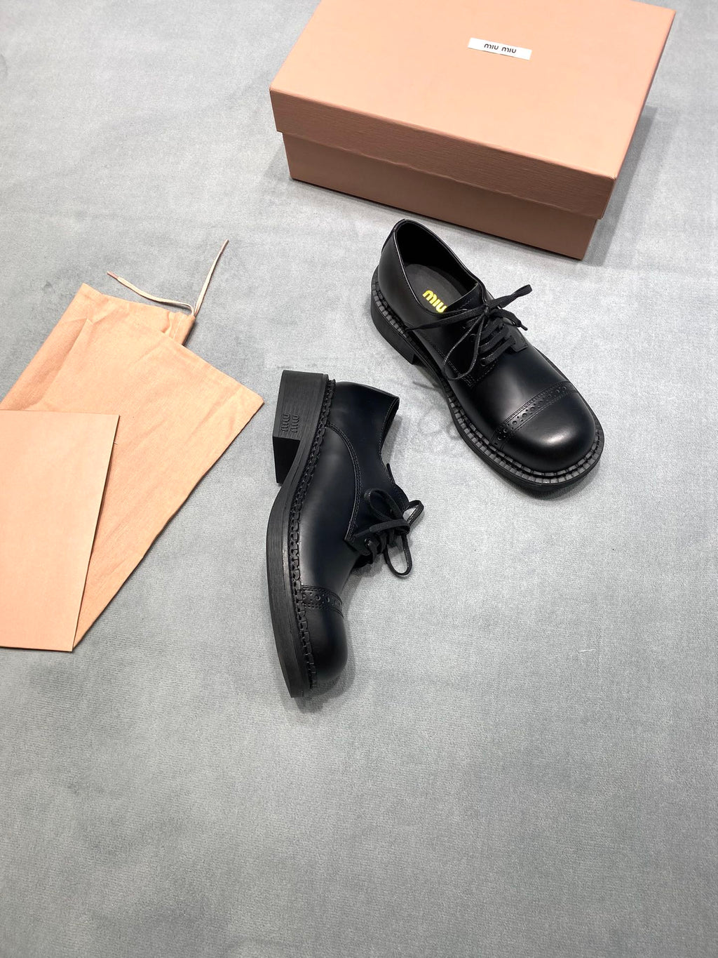 MIUMIU 26S LACE-UP LOAFERS IN BLACK SHINY CALFSKIN