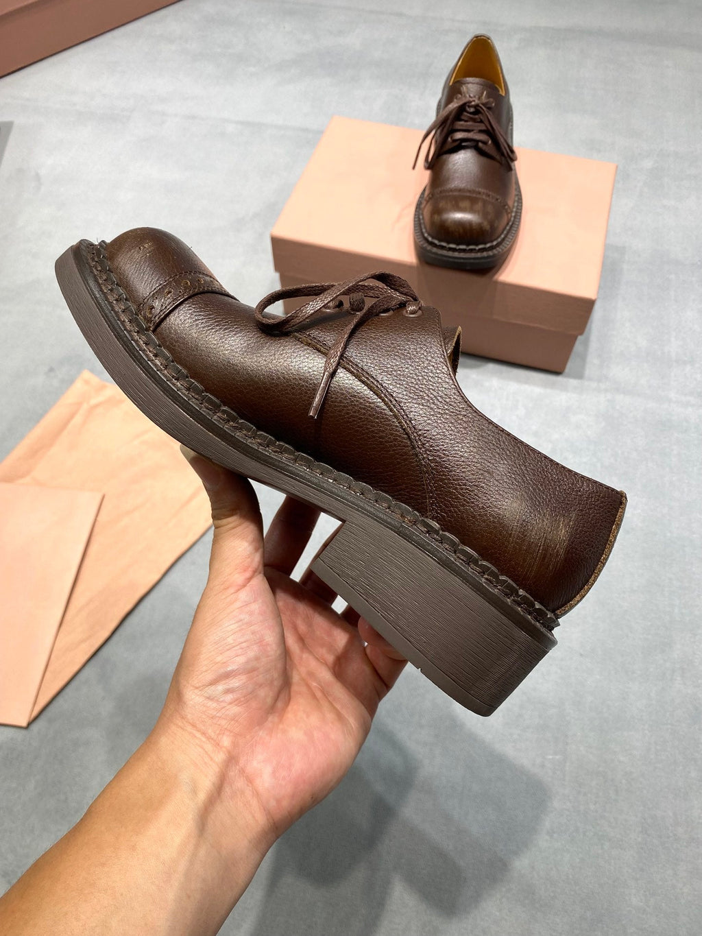 MIUMIU 26S LACE-UP LOAFERS IN CHOCOLATE BROWN GRAINED CALFSKIN