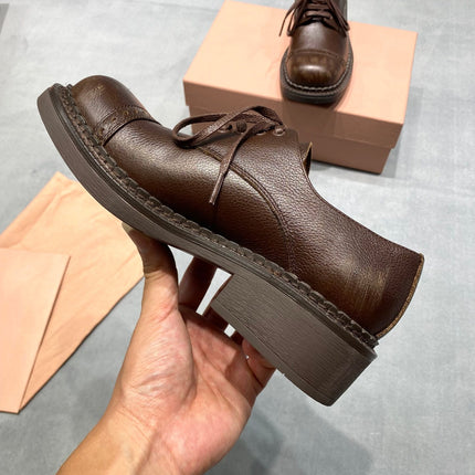MIUMIU 26S LACE-UP LOAFERS IN CHOCOLATE BROWN GRAINED CALFSKIN