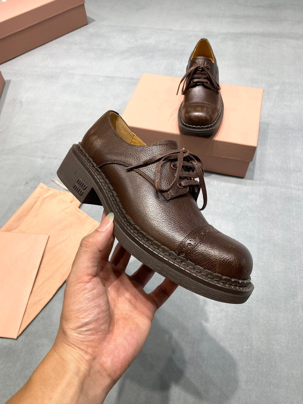 MIUMIU 26S LACE-UP LOAFERS IN CHOCOLATE BROWN GRAINED CALFSKIN