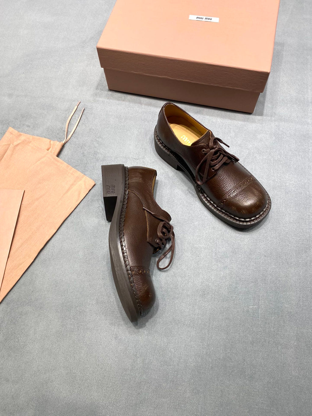 MIUMIU 26S LACE-UP LOAFERS IN CHOCOLATE BROWN GRAINED CALFSKIN