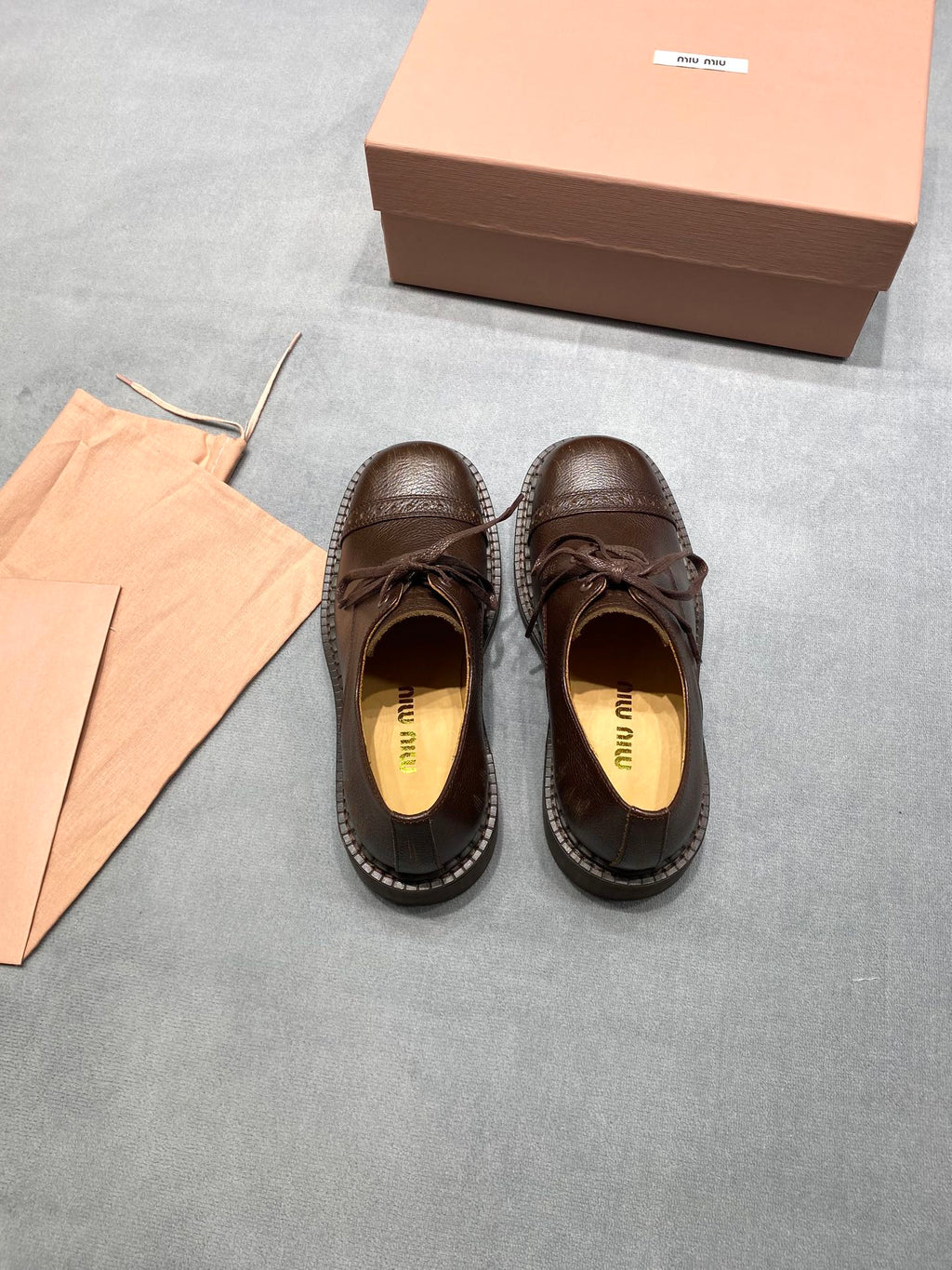 MIUMIU 26S LACE-UP LOAFERS IN CHOCOLATE BROWN GRAINED CALFSKIN