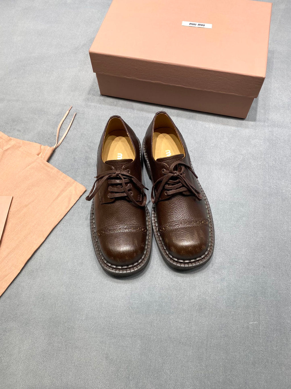 MIUMIU 26S LACE-UP LOAFERS IN CHOCOLATE BROWN GRAINED CALFSKIN