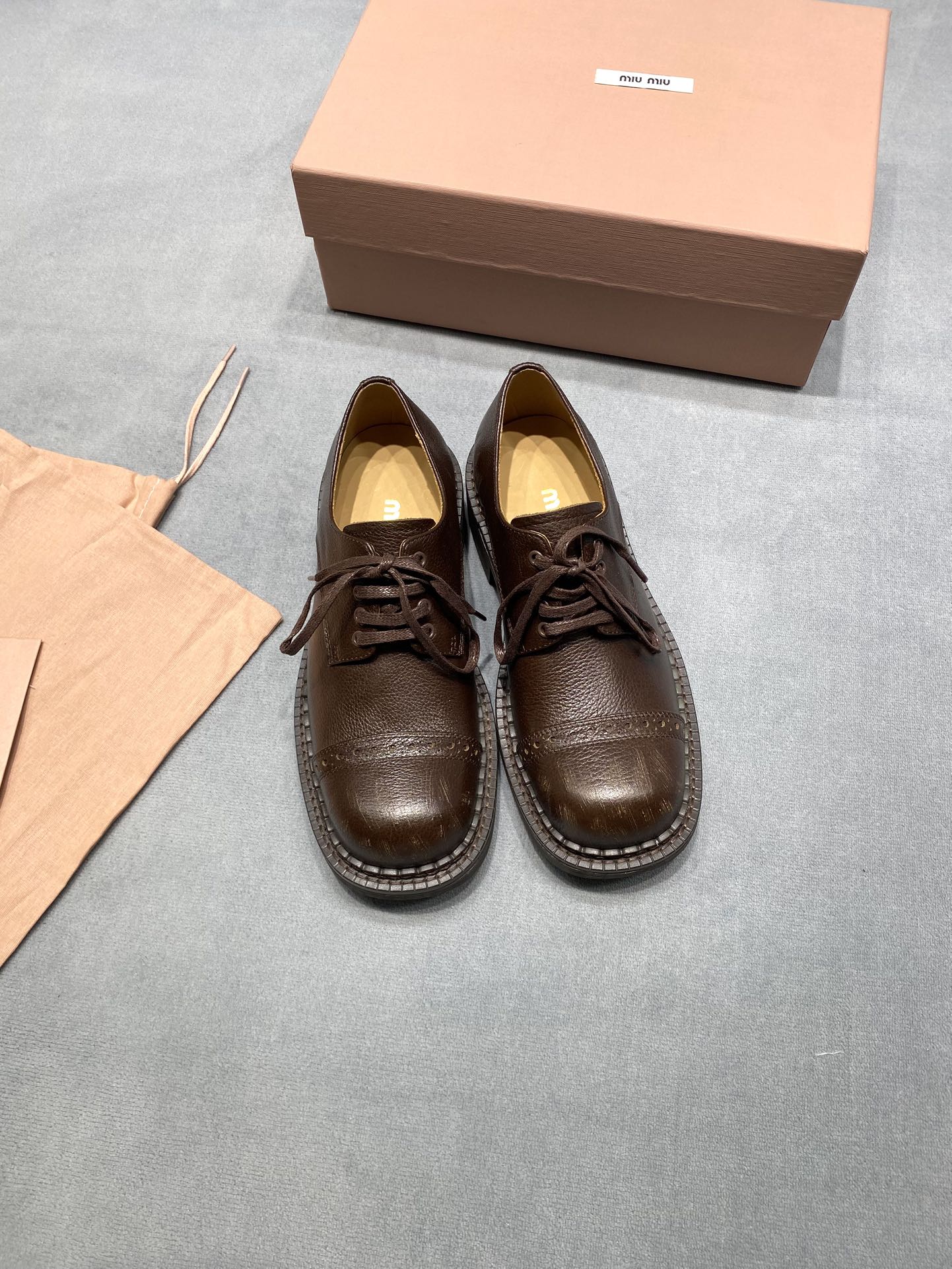 MIUMIU 26S LACE-UP LOAFERS IN CHOCOLATE BROWN GRAINED CALFSKIN