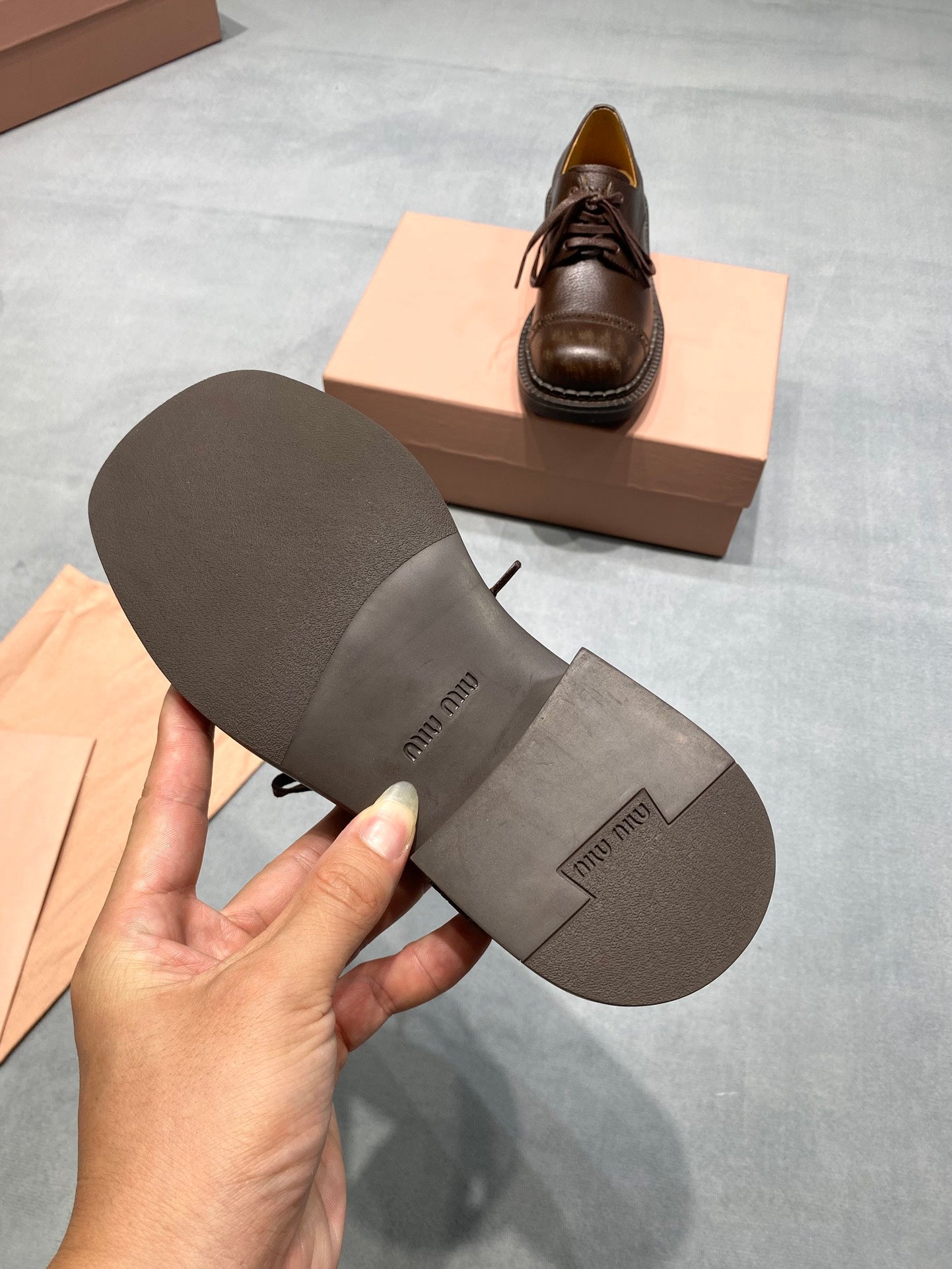 MIUMIU 26S LACE-UP LOAFERS IN CHOCOLATE BROWN GRAINED CALFSKIN