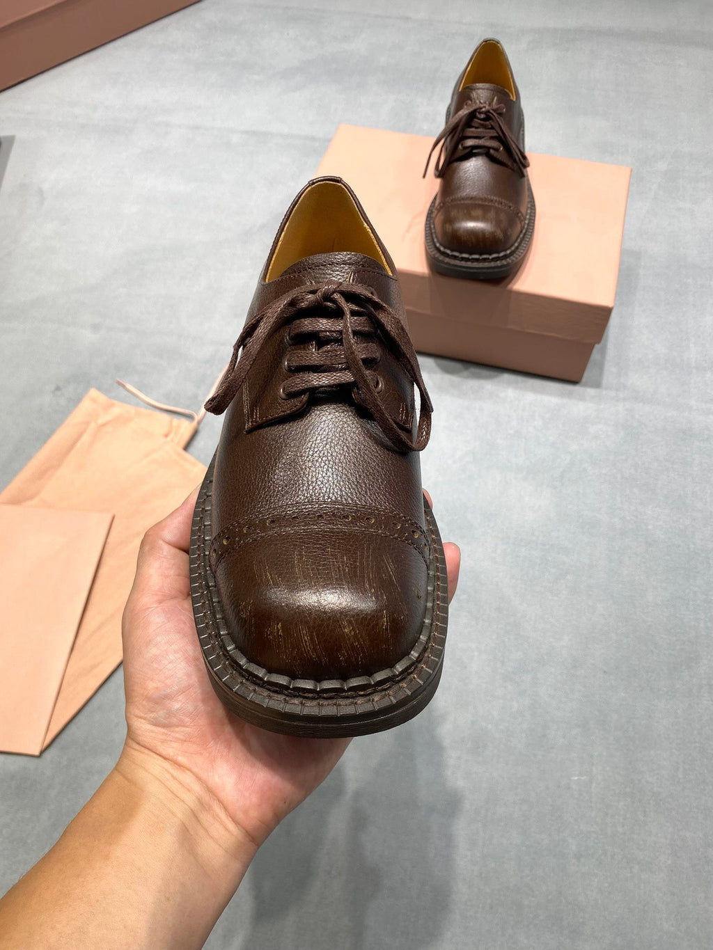 MIUMIU 26S LACE-UP LOAFERS IN CHOCOLATE BROWN GRAINED CALFSKIN