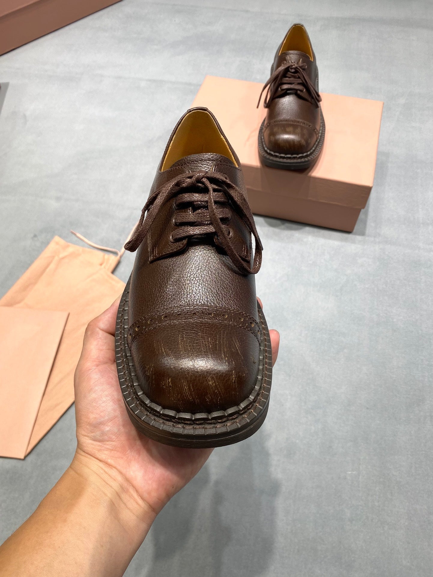 MIUMIU 26S LACE-UP LOAFERS IN CHOCOLATE BROWN GRAINED CALFSKIN