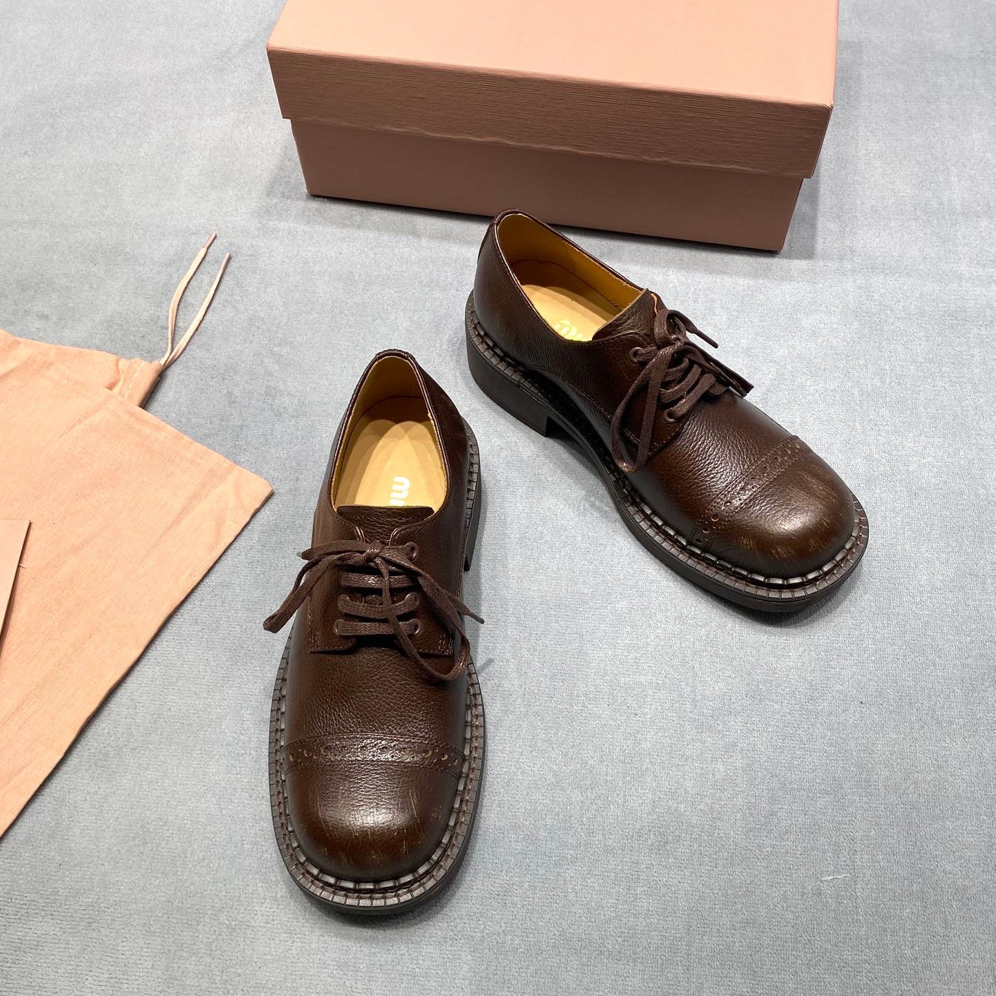 MIUMIU 26S LACE-UP LOAFERS IN CHOCOLATE BROWN GRAINED CALFSKIN