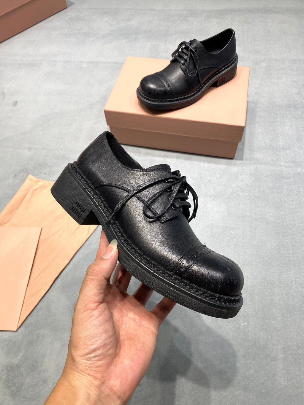 MIUMIU 26S LACE-UP LOAFERS IN BLACK GRAINED CALFSKIN
