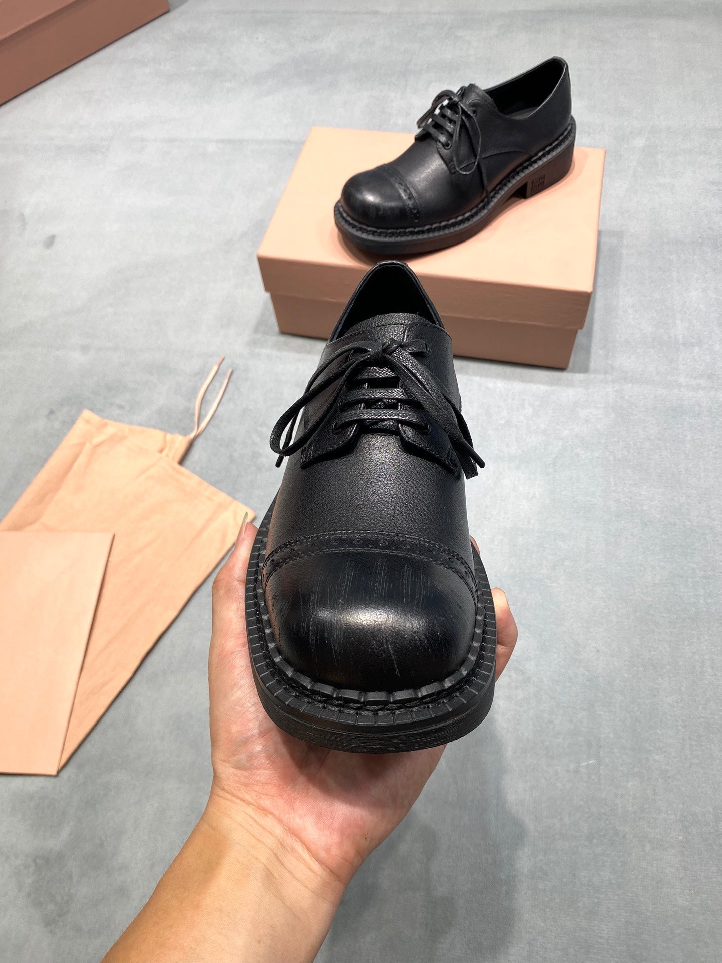 MIUMIU 26S LACE-UP LOAFERS IN BLACK GRAINED CALFSKIN