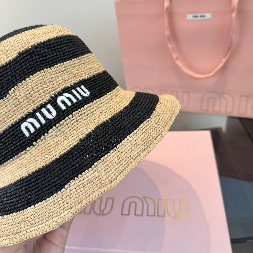 MIUMIU 26S STRIPED RAFFIA BUCKET HAT 342097