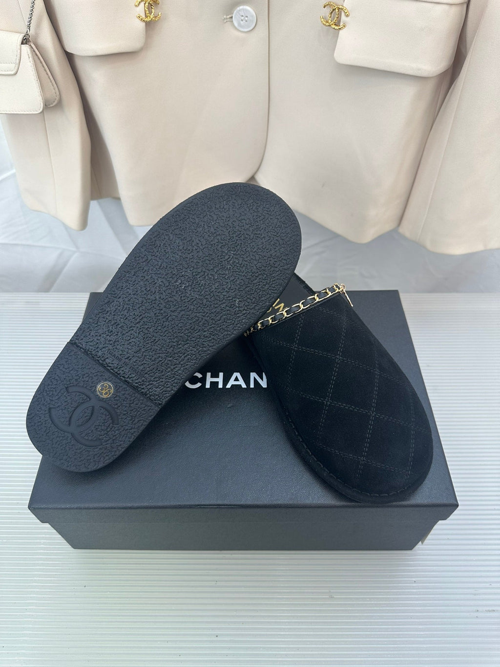 CC Black Suede Gold Chain Mules