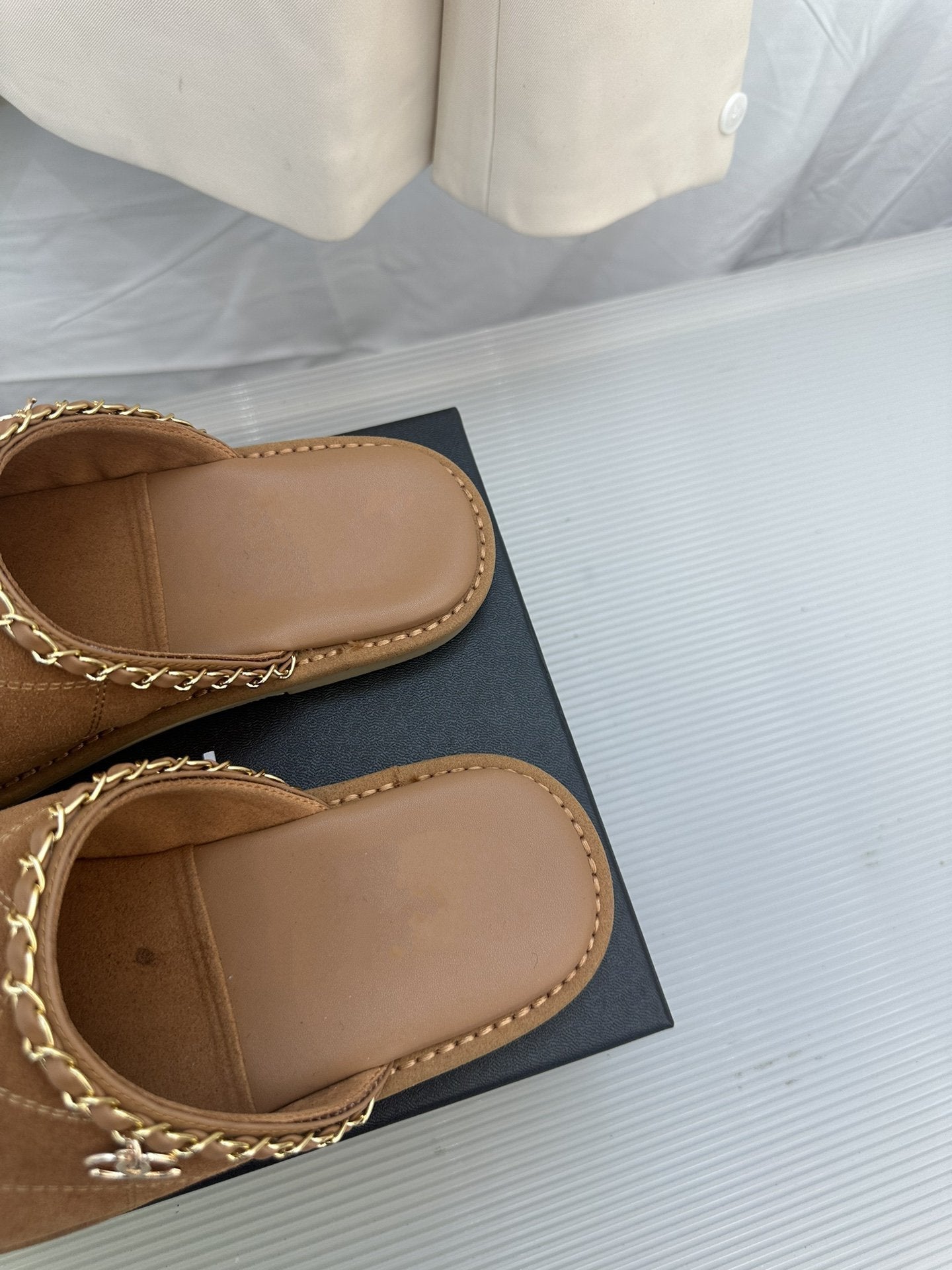 CC Brown Suede Gold Chain Mules