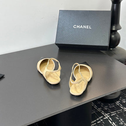 CHANEL 26S FLAT POINTED-TOE SLINGBACKS IN BEIGE AND BLACK LAMBSKIN