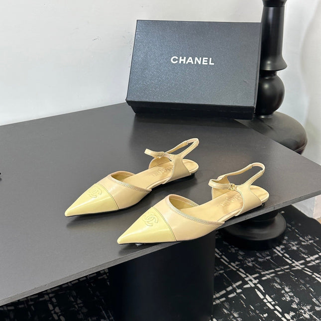 CHANEL 26S FLAT POINTED-TOE SLINGBACKS IN BEIGE AND PASTEL YELLOW LAMBSKIN